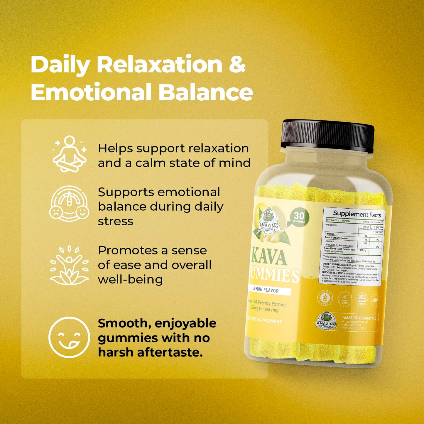Amazing Botanicals Zesty Lemon Kava Gummies - 250mg per Gummy, 30 Gummies