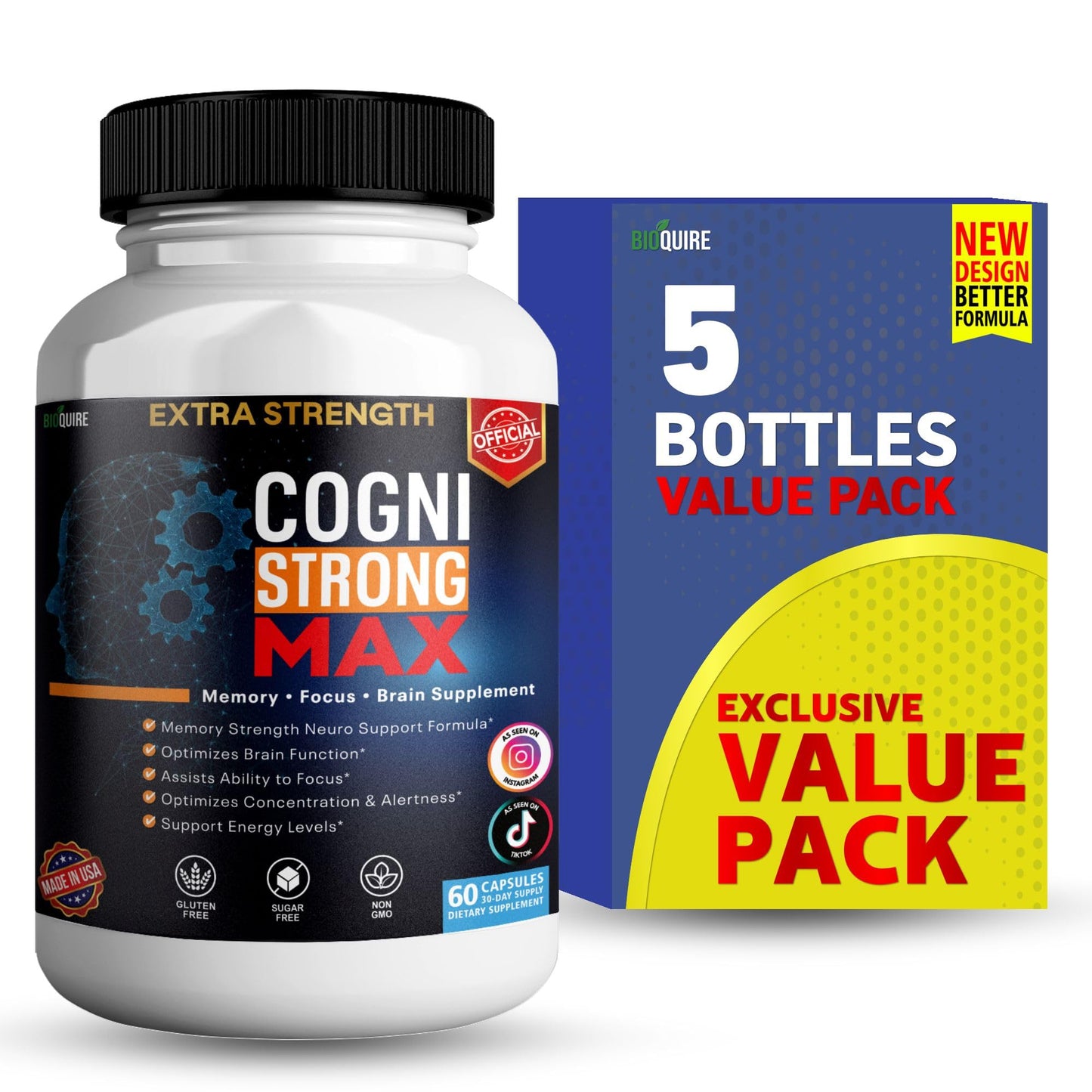 BIOQUIRE CogniStrong Max Extra Strength Memory and Focus Supplement, 60 Capsules