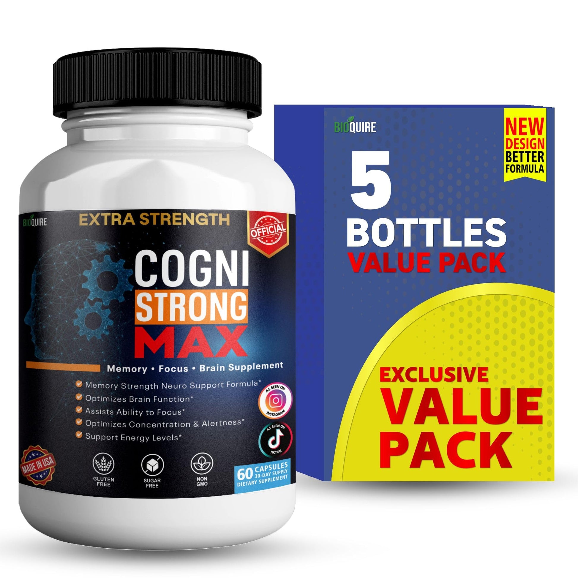 BIOQUIRE CogniStrong Max Extra Strength Memory and Focus Supplement, 60 Capsules