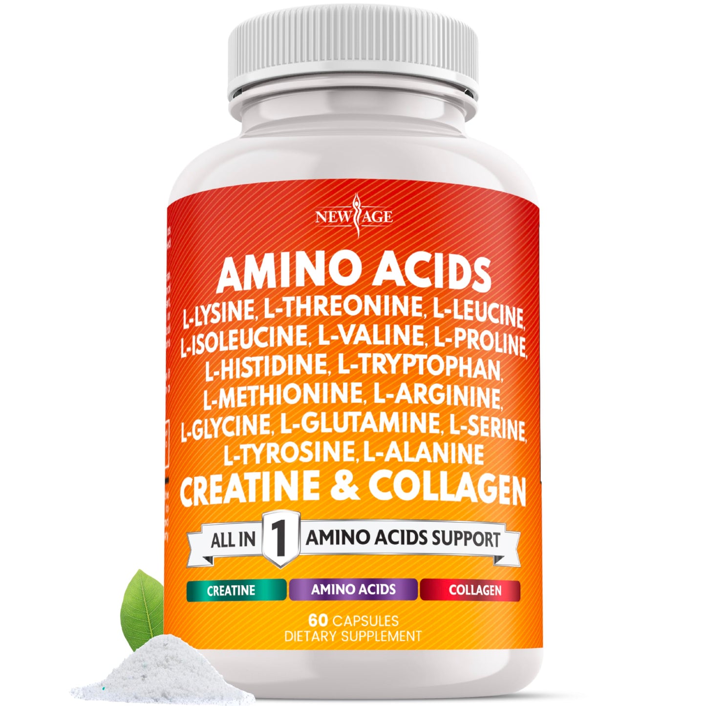 NEW AGE Amino Acids Supplement L-Lysine, L-Threonine, L-Leucine, Isoleucine, Valine, L-Histidine, L-Tryptophan, L-Methionine, L-Arginine, L-Cysteine, L-Glutamine, L-Serine, Aspartic Acid, Capsules, 60 Count
