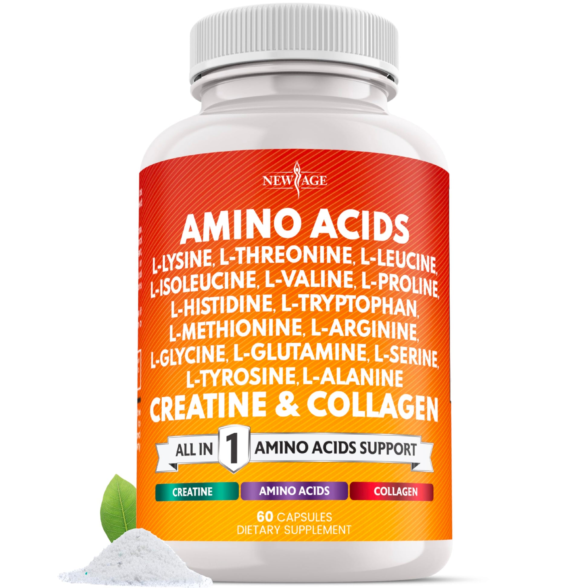 NEW AGE Amino Acids Supplement L-Lysine, L-Threonine, L-Leucine, Isoleucine, Valine, L-Histidine, L-Tryptophan, L-Methionine, L-Arginine, L-Cysteine, L-Glutamine, L-Serine, Aspartic Acid, Capsules, 60 Count