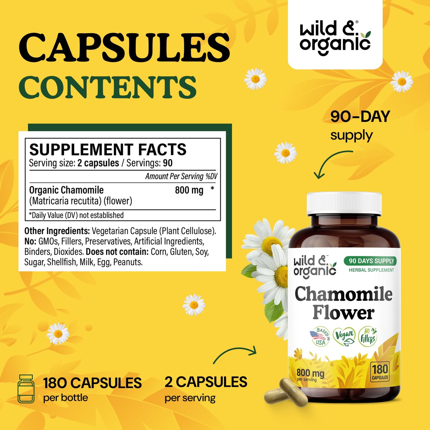 Wild & Organic Chamomile Capsules 800 mg - Relaxation Support, 180 Capsules