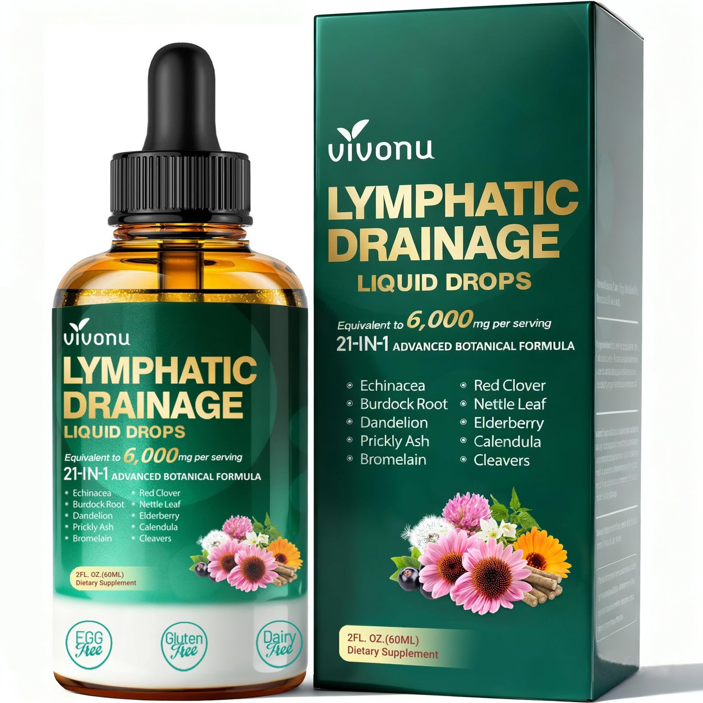 VivoNu 21-in-1 Liposomal Lymphatic Drainage Drops – Advanced Herbal Detox & Immune Booster with Echinacea, Burdock Root, Elderberry & Seaweed Extract – 6000mg High Potency Softgel 1 Count