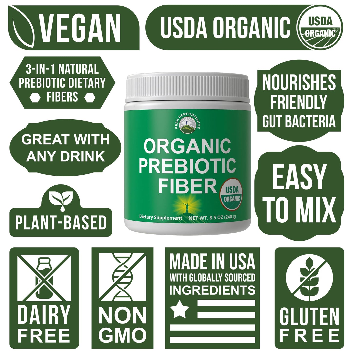 Peak Performance USDA Organic Prebiotic Fiber 3-in-1 Vegan Powder 8.5