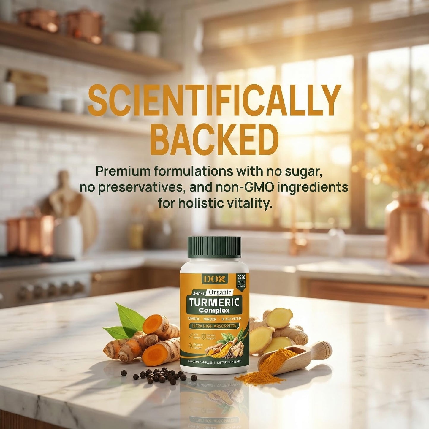 DOK Turmeric Organic 3-in-1 Complex Turmeric Curcumin Supplement with Black Pepper & Ginger 2250mg Daily Support, Vegan, Non-GMO, 120 Capsules