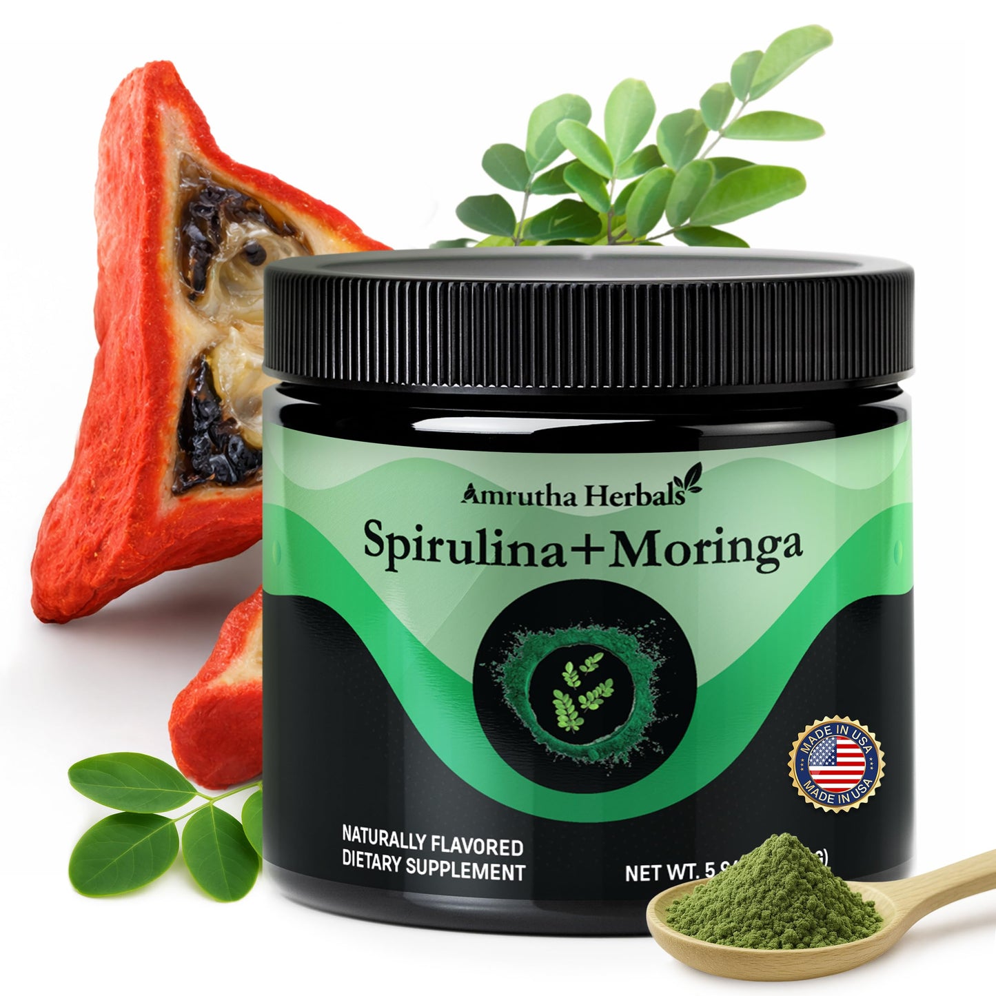 Amrutha Herbals Organic Spirulina + Organic Moringa Greens Powder, 5.94 Ounce