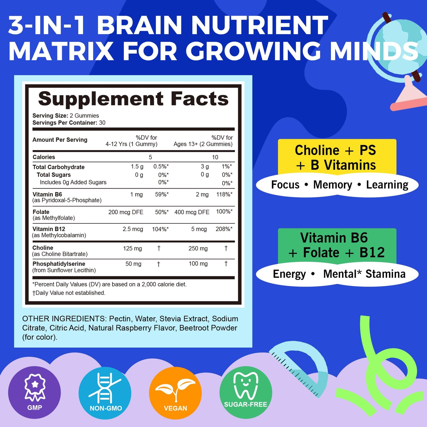 Q'ankyaq Choline Gummies for Kids & Teens, Brain Supplement with Phosphatidylserine, Gummy, 60 Count