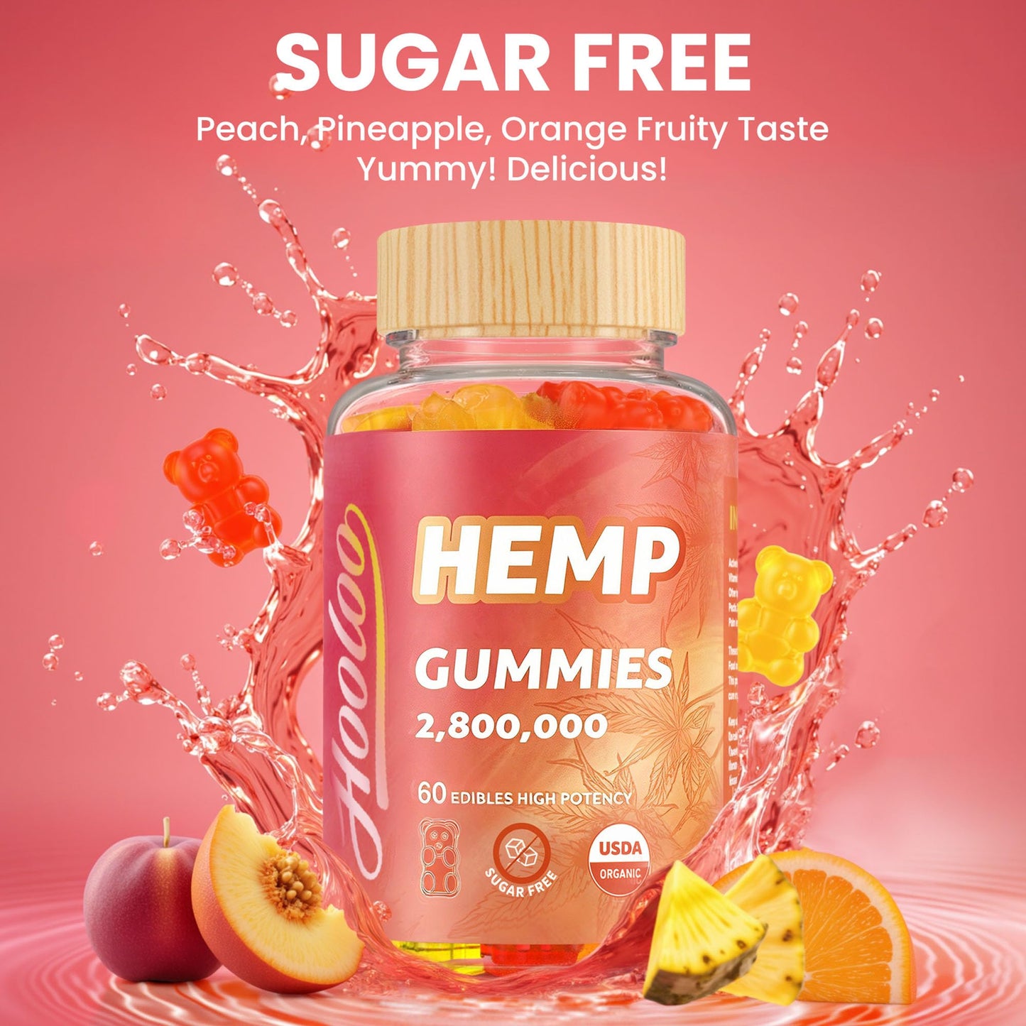 HOOLOO Hemp Gummies for Happier Bedtimes & Focus, Extra Strength 2,800,000 Hemp Oil Infused, Gummy Bears Fruity, Sugar Free, Made in USA, 120 Gummies