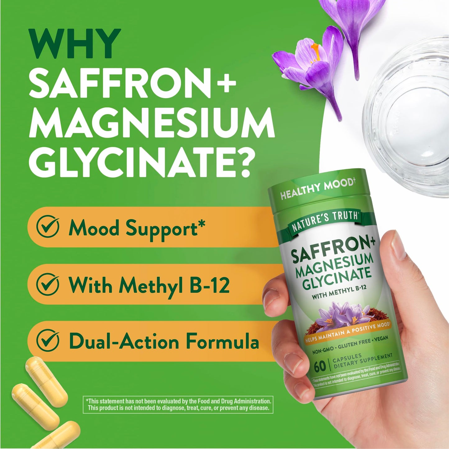 Nature's Truth Saffron Extract Capsules with Magnesium Glycinate and Vitamin B-12, 60 Count