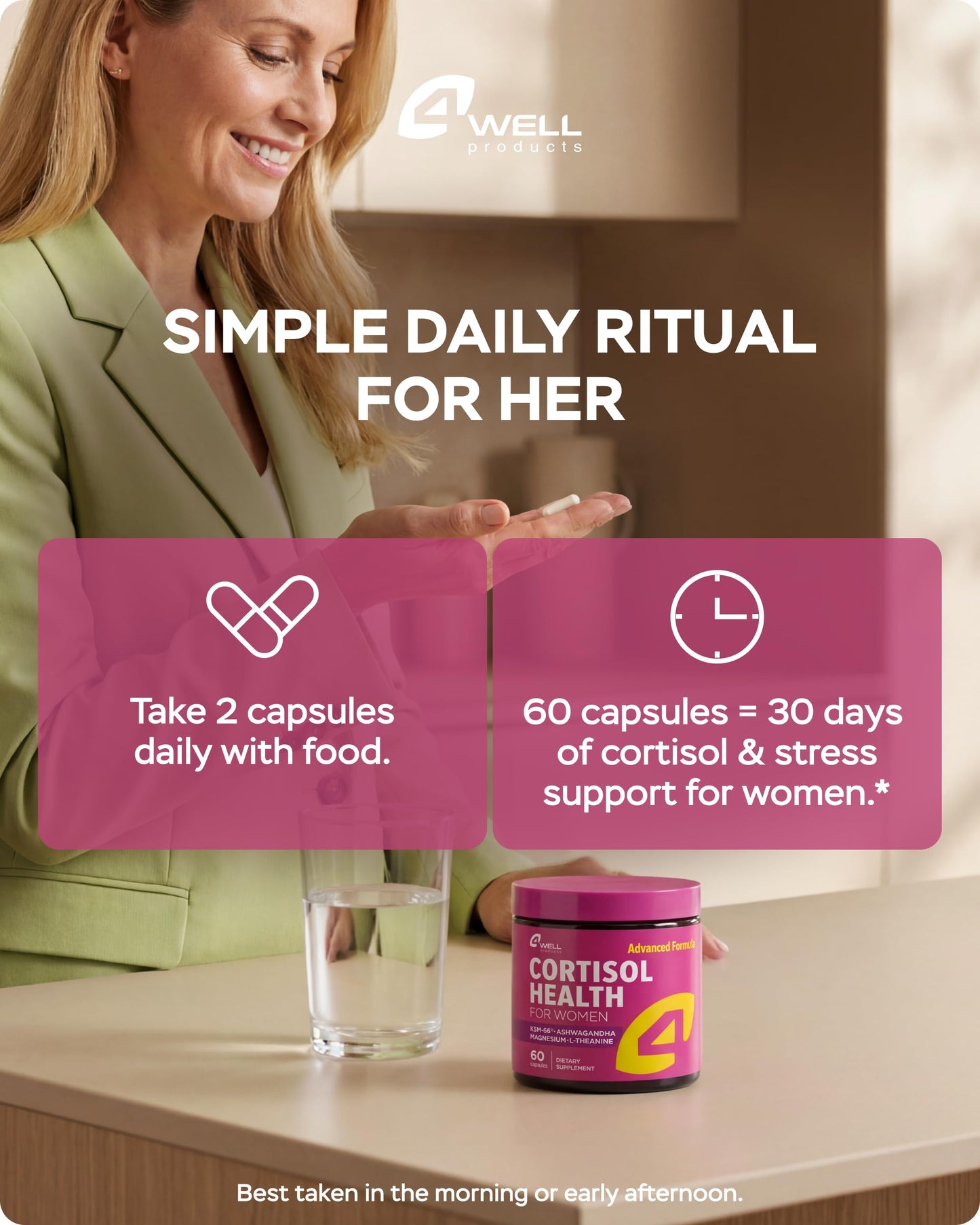 4Well Products Cortisol Support for Women with KSM-66® Ashwagandha, L-Theanine, Rhodiola & Phosphatidylserine, Daily Stress Formula for Calm Focus and Balanced Mood Capsule, 50 Count