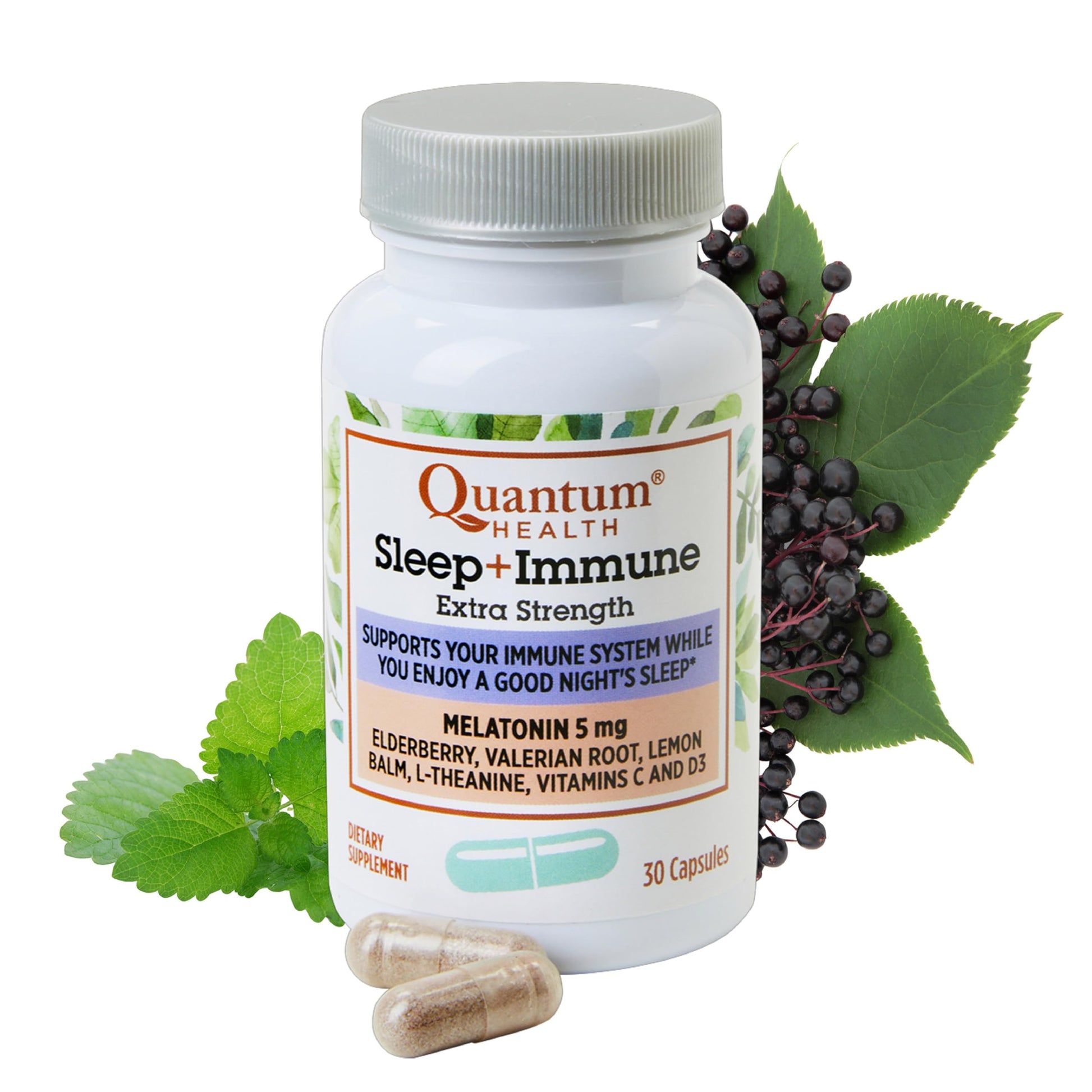 Quantum Sleep Immune Melatonin 5mg with L-Theanine, Valerian Root & Elderberry, Vitamin C & D Capsules, 30 Count