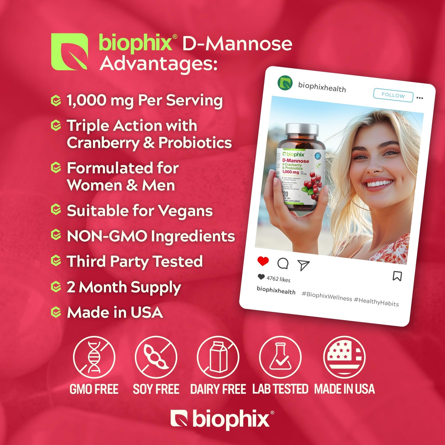 biophix D-Mannose 1000mg Capsules with Cranberry & Probiotics - D Mannose Supplements for Women - Urinary Tract & Bladder Health Support - Digestive Well-Being - 240 Capsules
