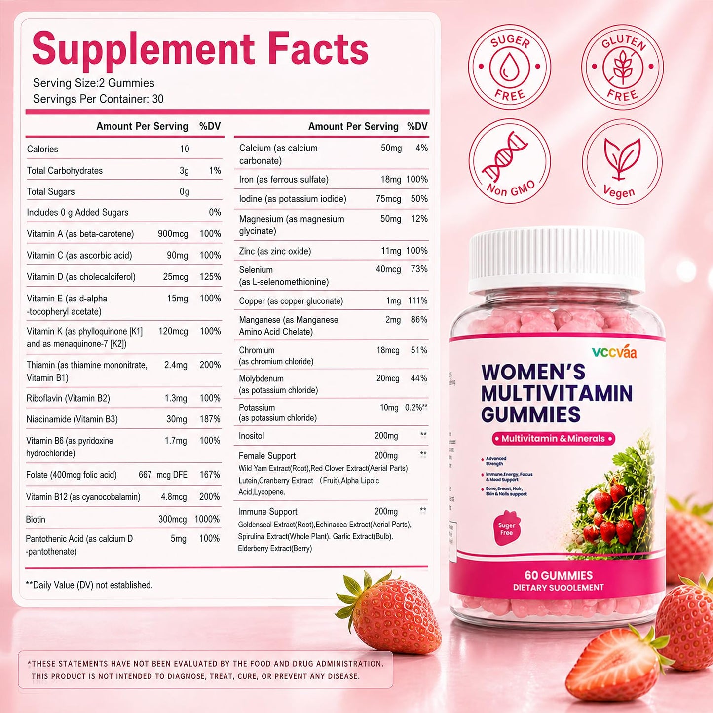 Vccvaa Sugar Free Multivitamin Gummies for Women 14+ with Iron, Inositol, Folate, Vitamins A C D3 E B12 K2, Herbal & Mineral Blend, Daily Vegan Gummy for Hair, Skin, Energy, Immune Support, 60 Count