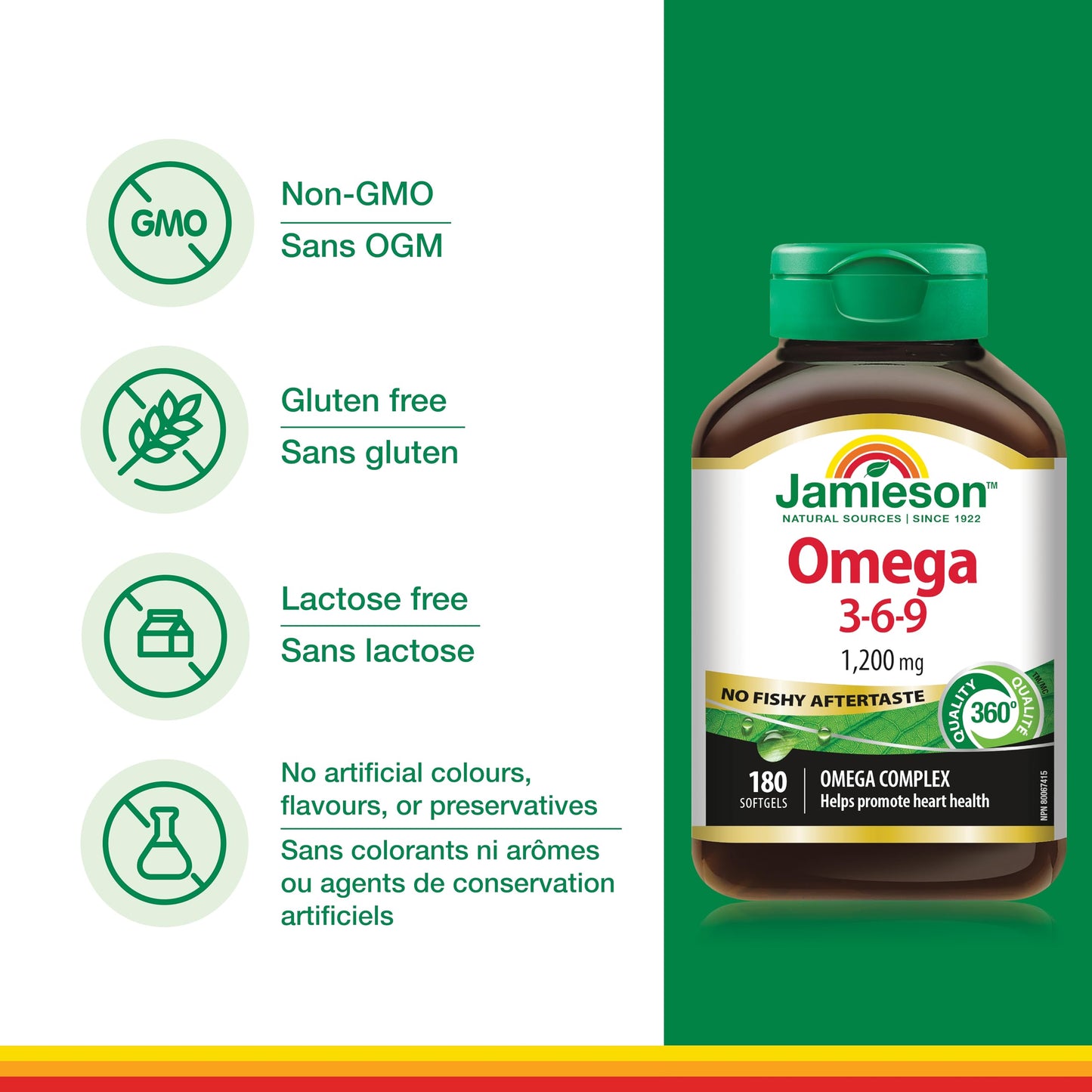Jamieson No Fishy Aftertaste Omega-3-6-9 SoftGels 180 Count