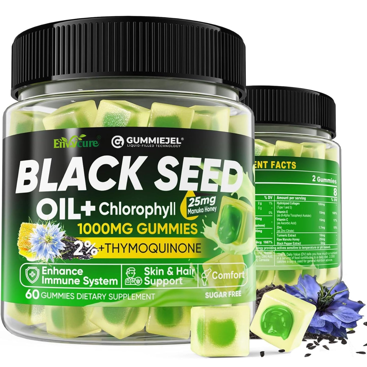 EnvyCure Black Seed Oil Gummies with Chlorophyll, Biotin 500mcg, Hydrolyzed Collagen, Raw Manuka Honey, Organic Cold Pressed - Ultimate Absorption for Skin, Hair & Nails, Digestive, Overall Health, 60 Gummies