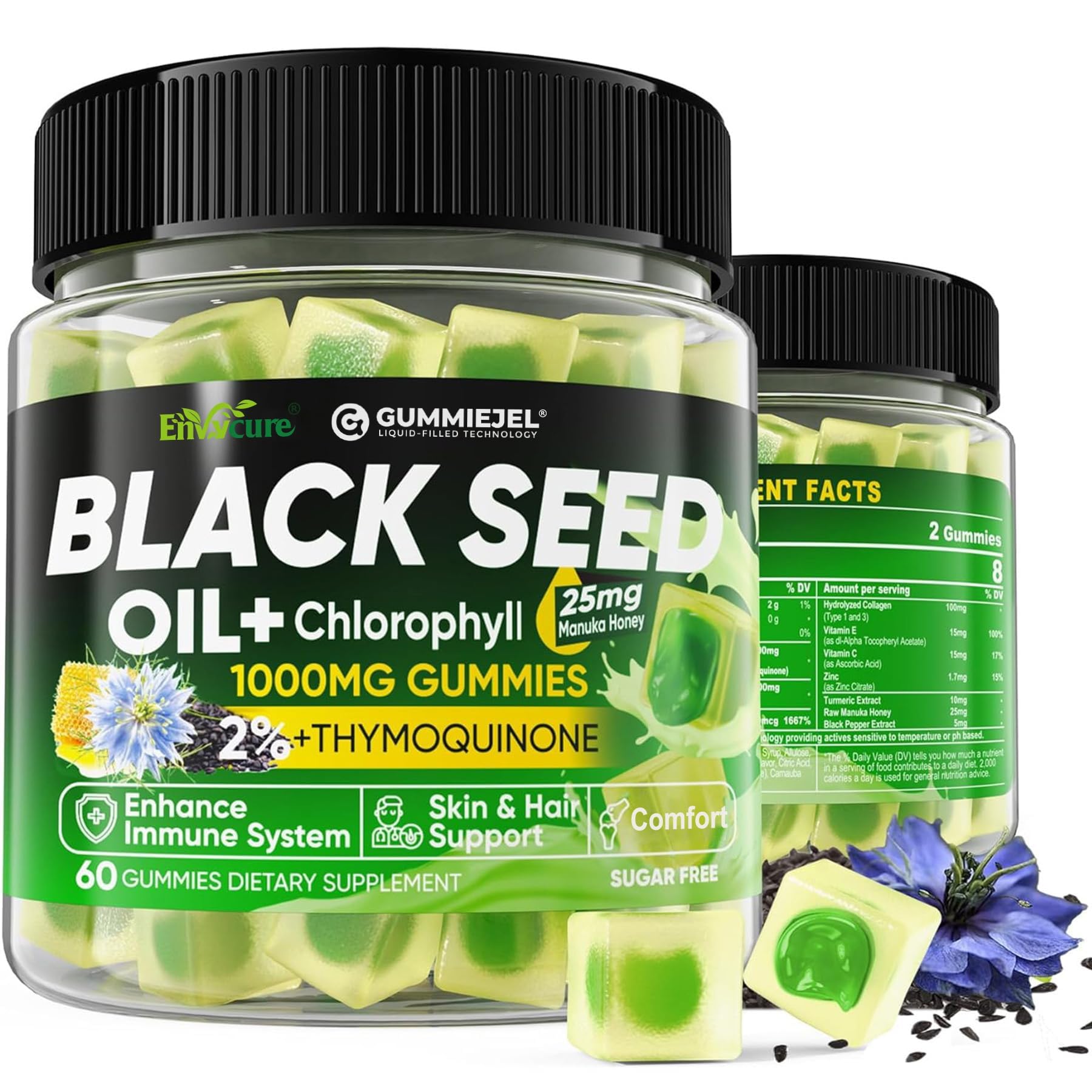 EnvyCure Black Seed Oil Gummies with Chlorophyll, Biotin 500mcg, Hydrolyzed Collagen, Raw Manuka Honey, Organic Cold Pressed - Ultimate Absorption for Skin, Hair & Nails, Digestive, Overall Health, 60 Gummies