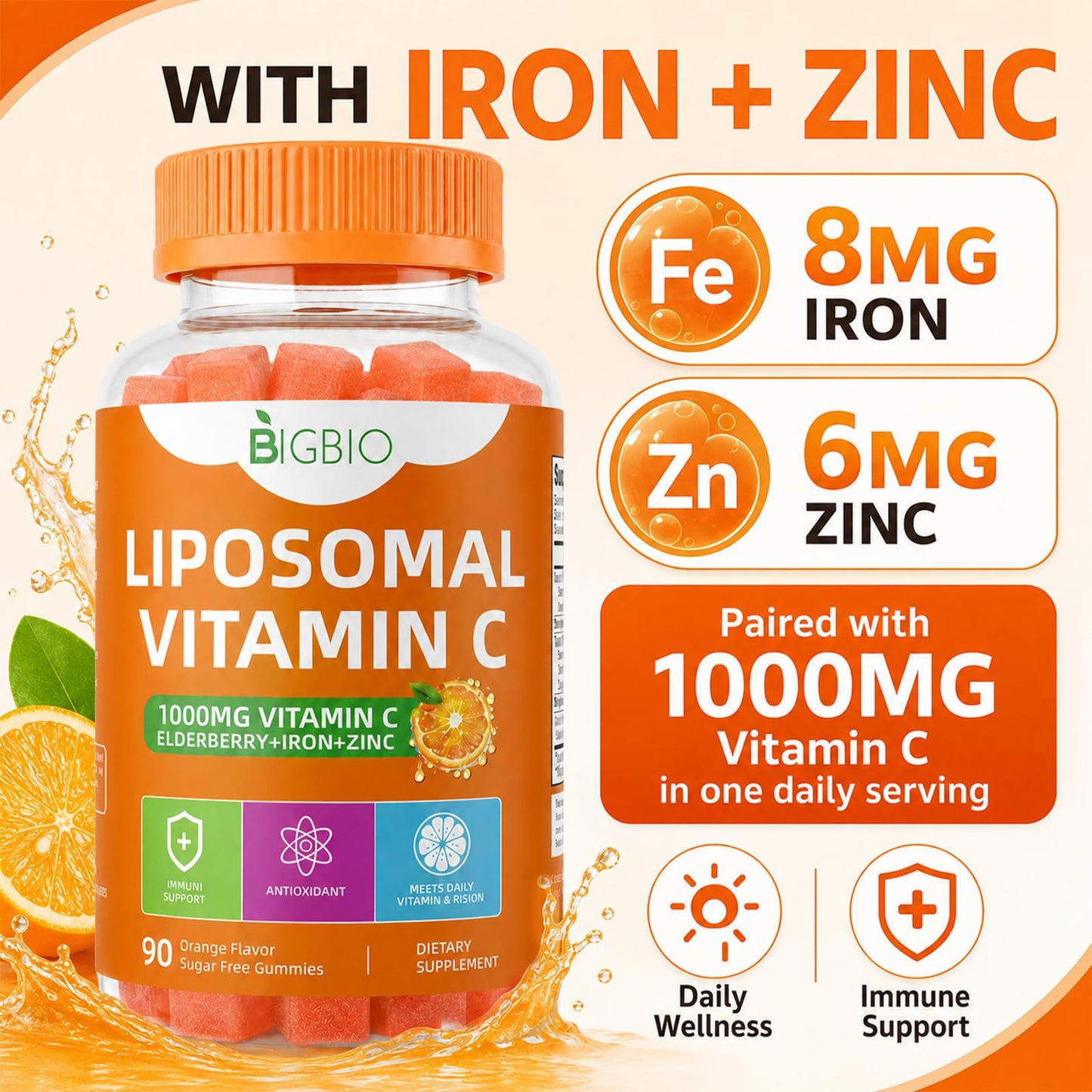 BIGBIO Liposomal Vitamin C Gummies 1000mg with Elderberry, Zinc & Iron for Immune Support, 90 Gummies