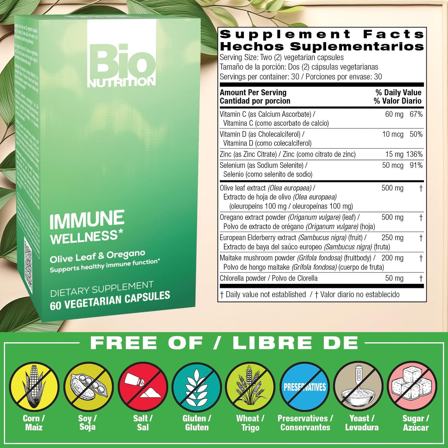 Bio Nutrition Immune Wellness Olive Leaf & Oregano Vegetarian Capsules 60 Count