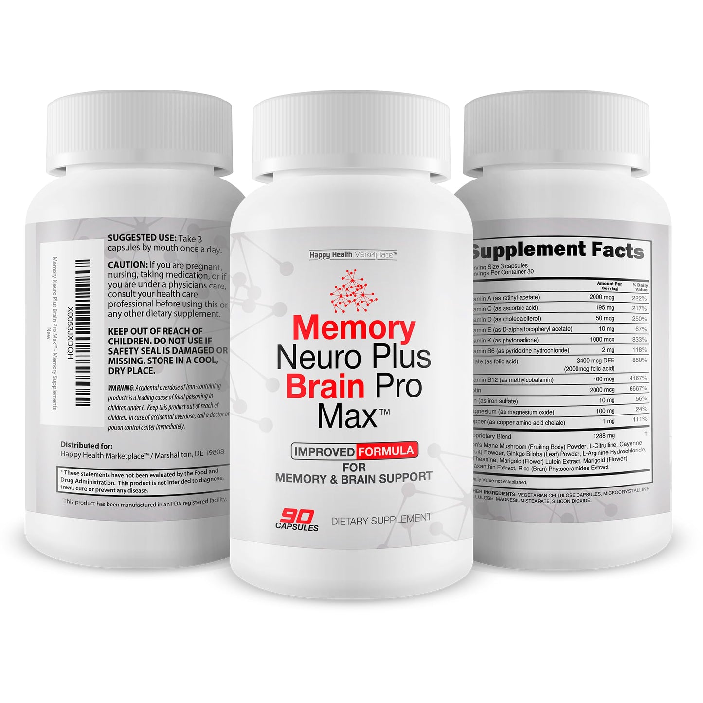 Happy Health Marketplace Memory Neuro Plus Brain Pro Max Capsules, 90 Capsules