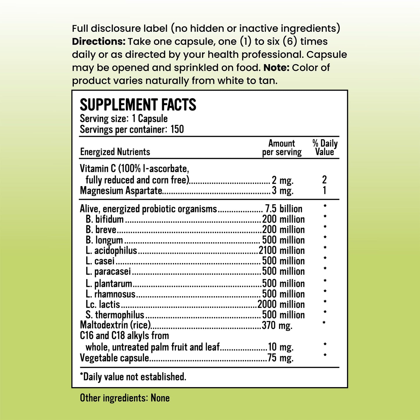 Alkaline for Life Peak Probiotic+ 7.5 Billion CFU, 10 Live Cultures, Daily, 150 Capsules