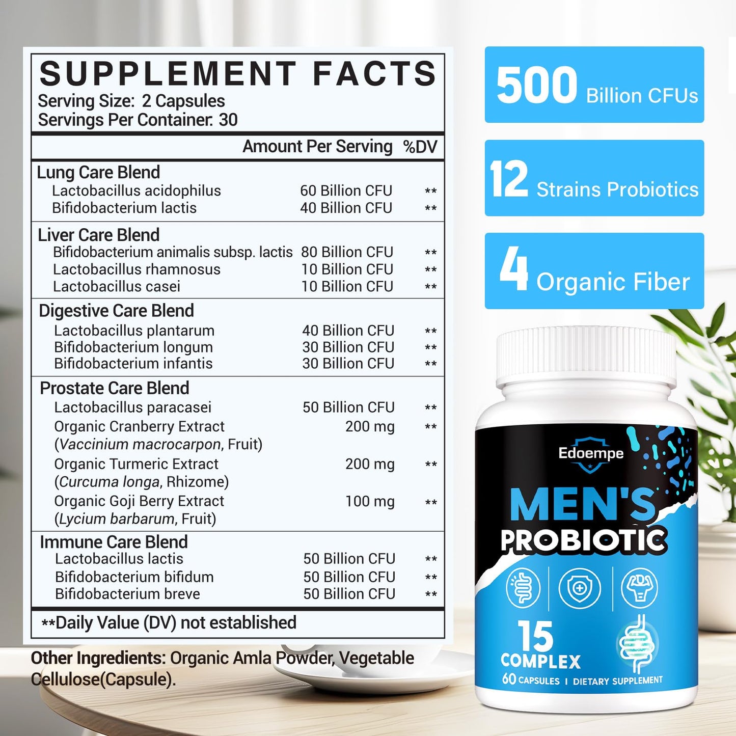 Edoempe Probiotics for Men, 500 Billion CFUs, 12 Strains, Cranberry, Goji, Turmeric & Amla, Shelf Stable, 420 Capsules