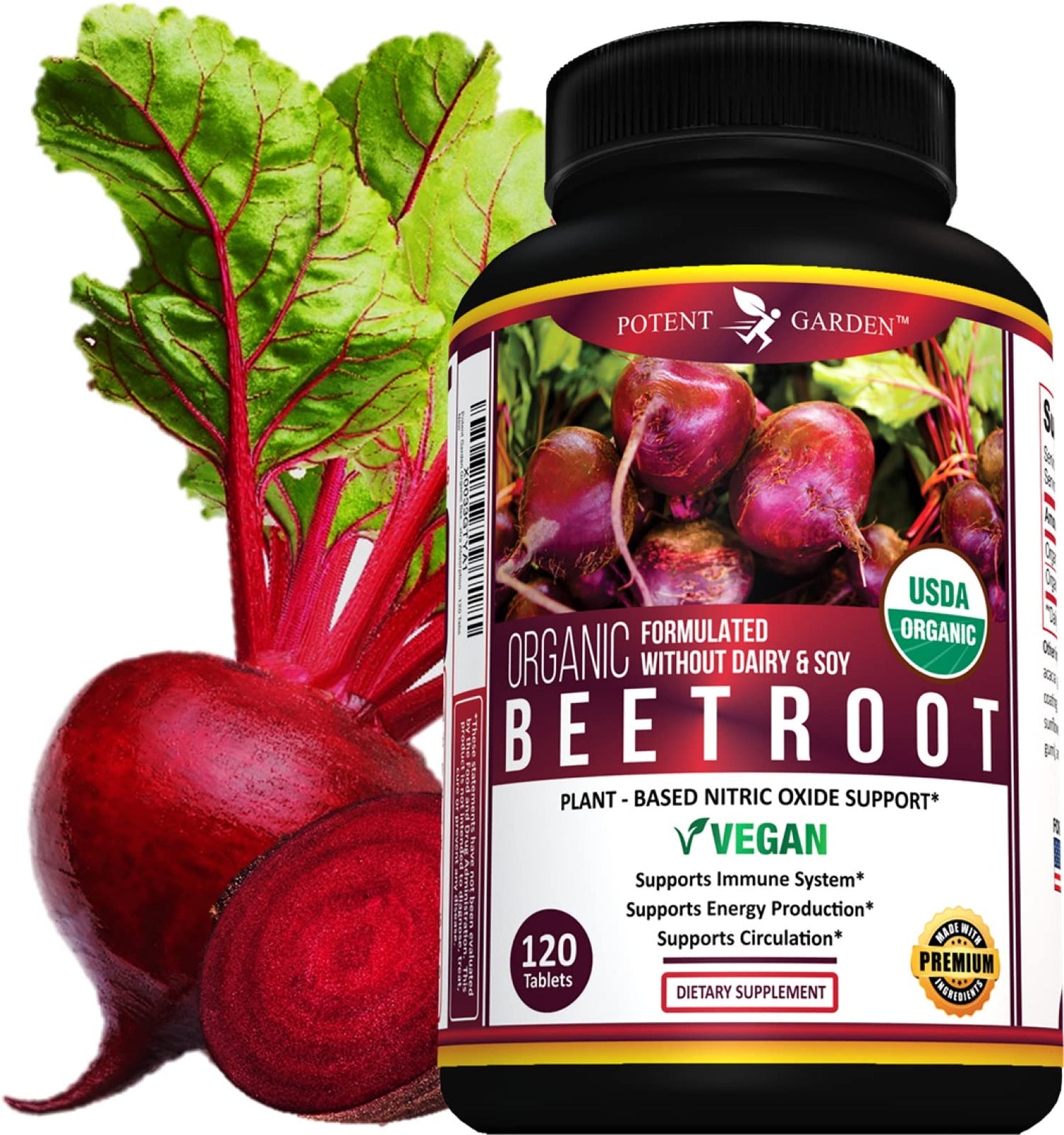 Potent Garden Organic Beet Root Tablets 1350 mg with Black Pepper, 120 Tablets