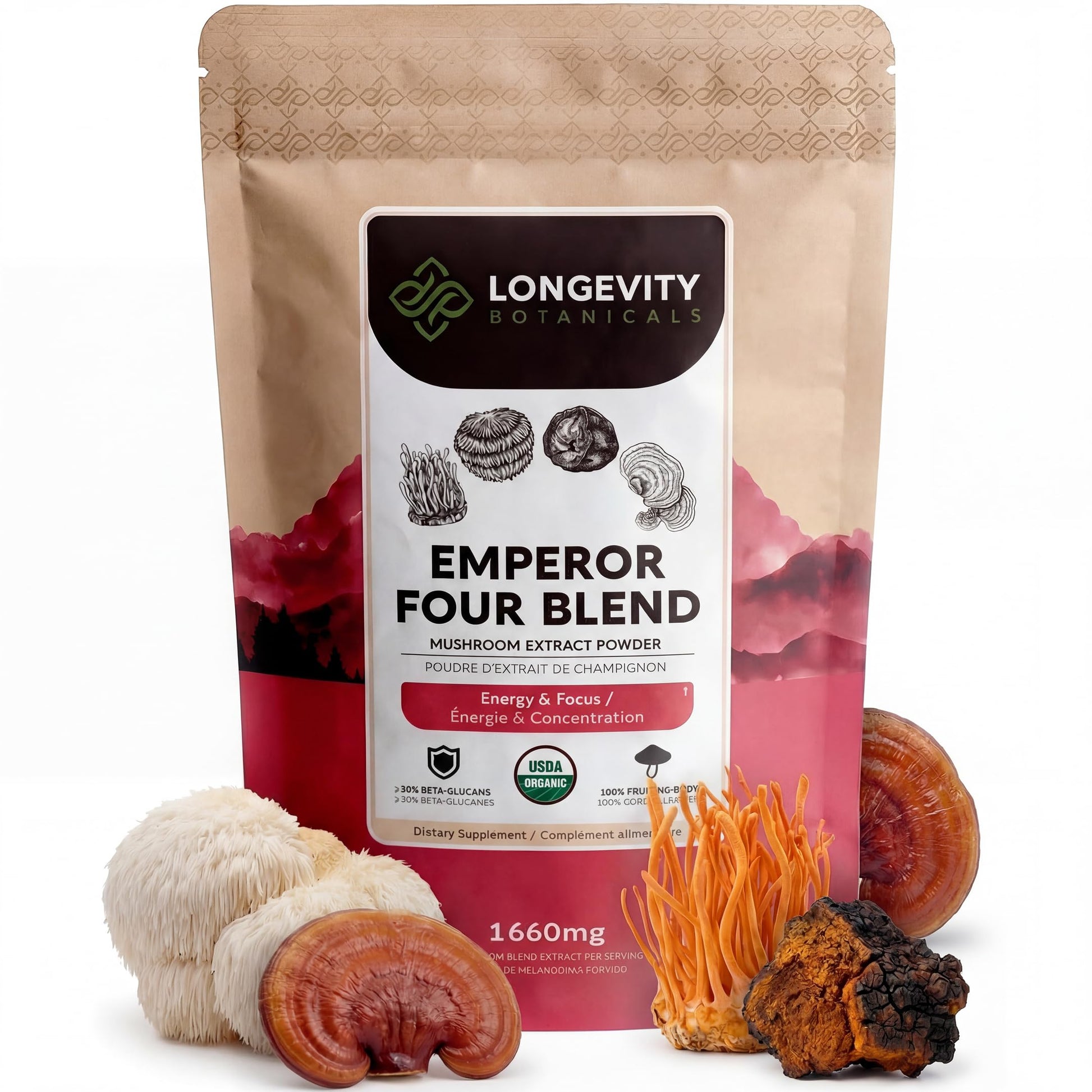 Longevity Botanicals Emperor 4 Mushroom Blend Powder 3.53 Ounce