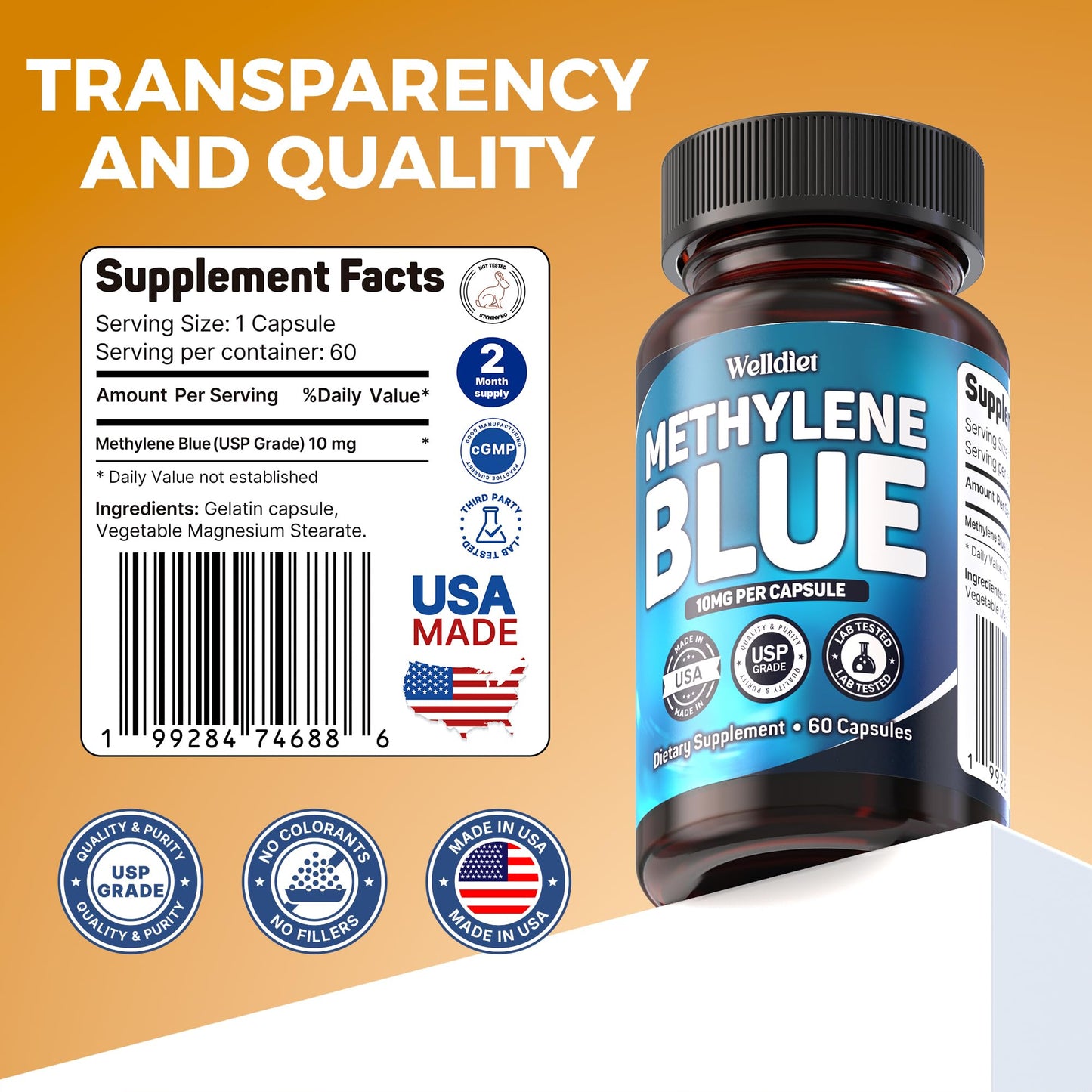 Welldiet Methylene Blue 10mg Capsules, 60 Count