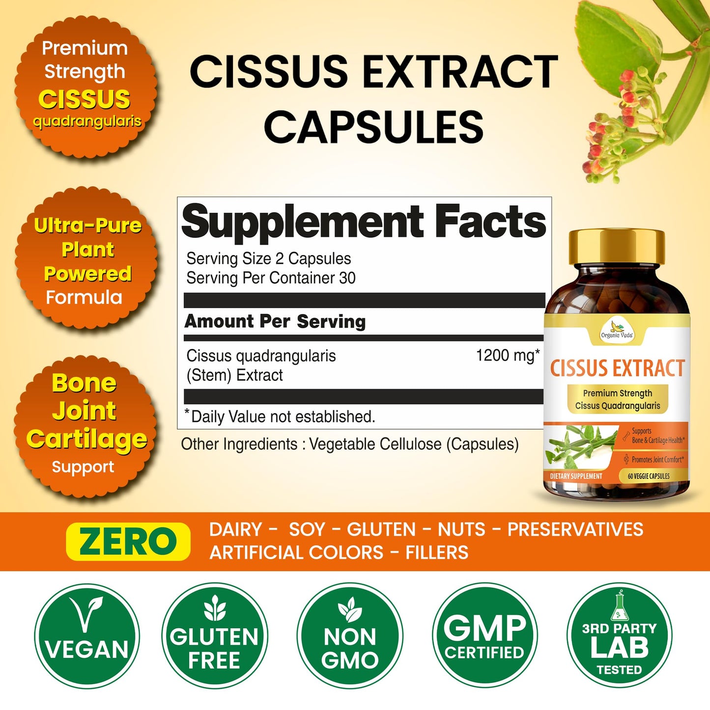 Organic Veda Cissus Quadrangularis Extract 1200mg Capsules, 60 Vegan Capsules