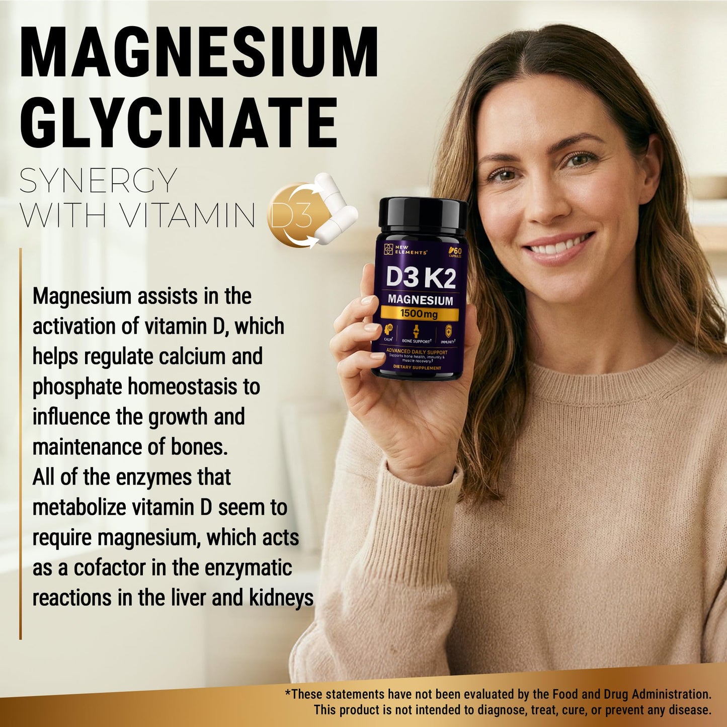 New Elements Magnesium Glycinate 1500mg with Vitamin D3 K2 10,000 IU, 60 Vegan Capsules