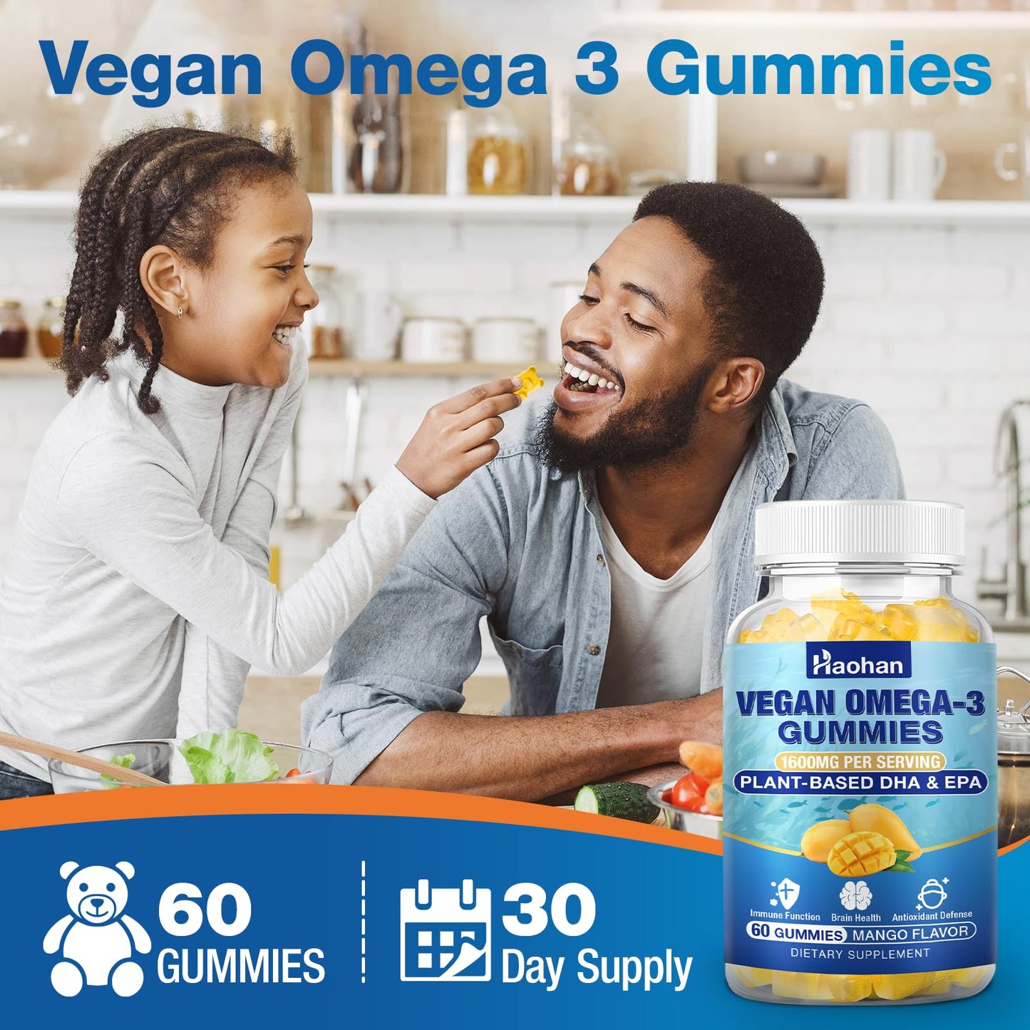 Haohan Omega-3 Gummies for Adults, Orange Flavor – Sugar-Free, Algae-Derived DHA 600mg & EPA 300mg, with Vitamins A, C, E, Zinc, 120 Gummies