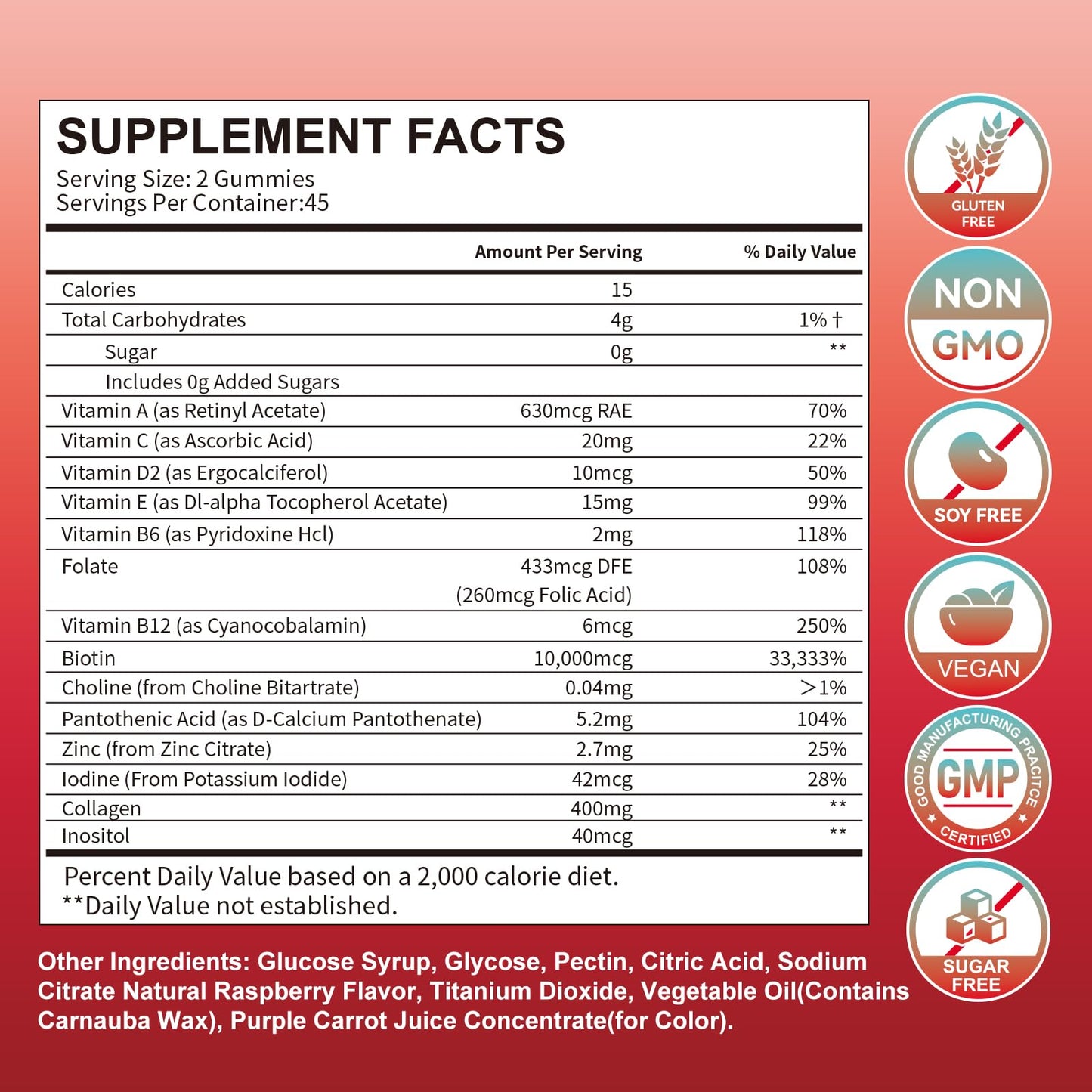 Hurdilen Hair Skin and Nails Gummies Biotin Collagen, 10000mcg, 90 Gummies