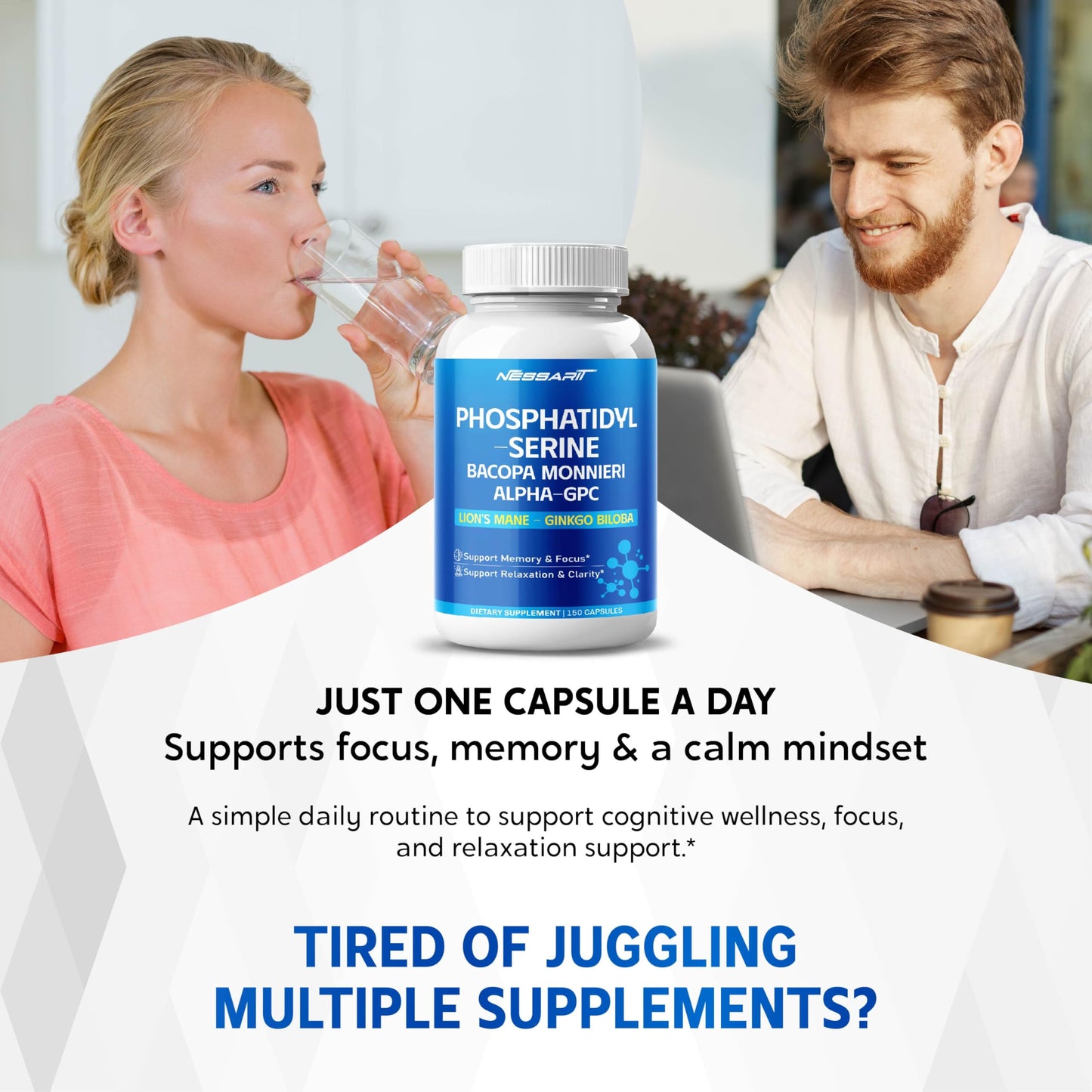 NESSARIT Phosphatidylserine, Bacopa, Alpha-GPC, Lion’s Mane & Ginkgo Capsules, 150 Capsules