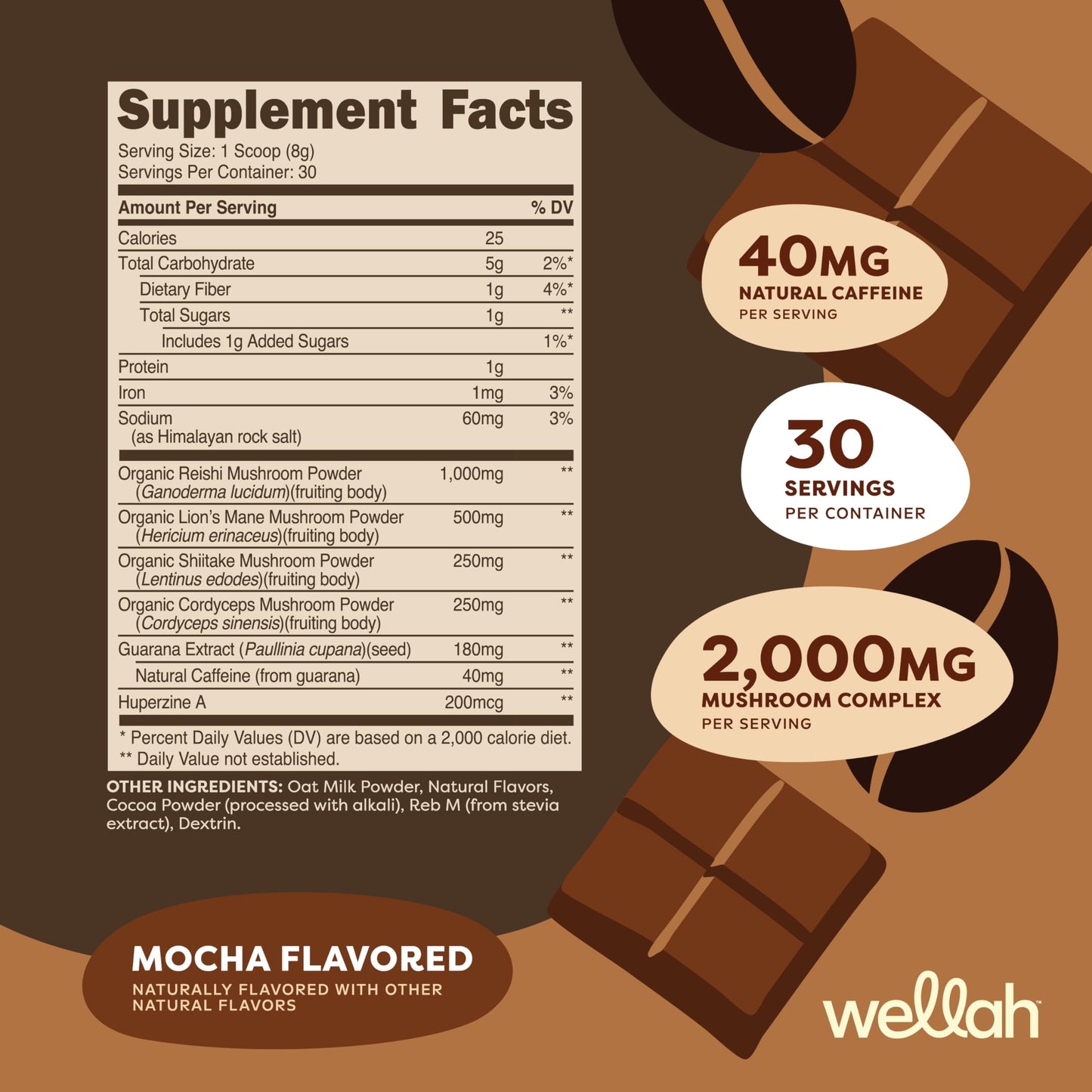 Wellah Wake Up Adaptogenic Mushroom Drink Blend Mocha Flavored Powder 8.1