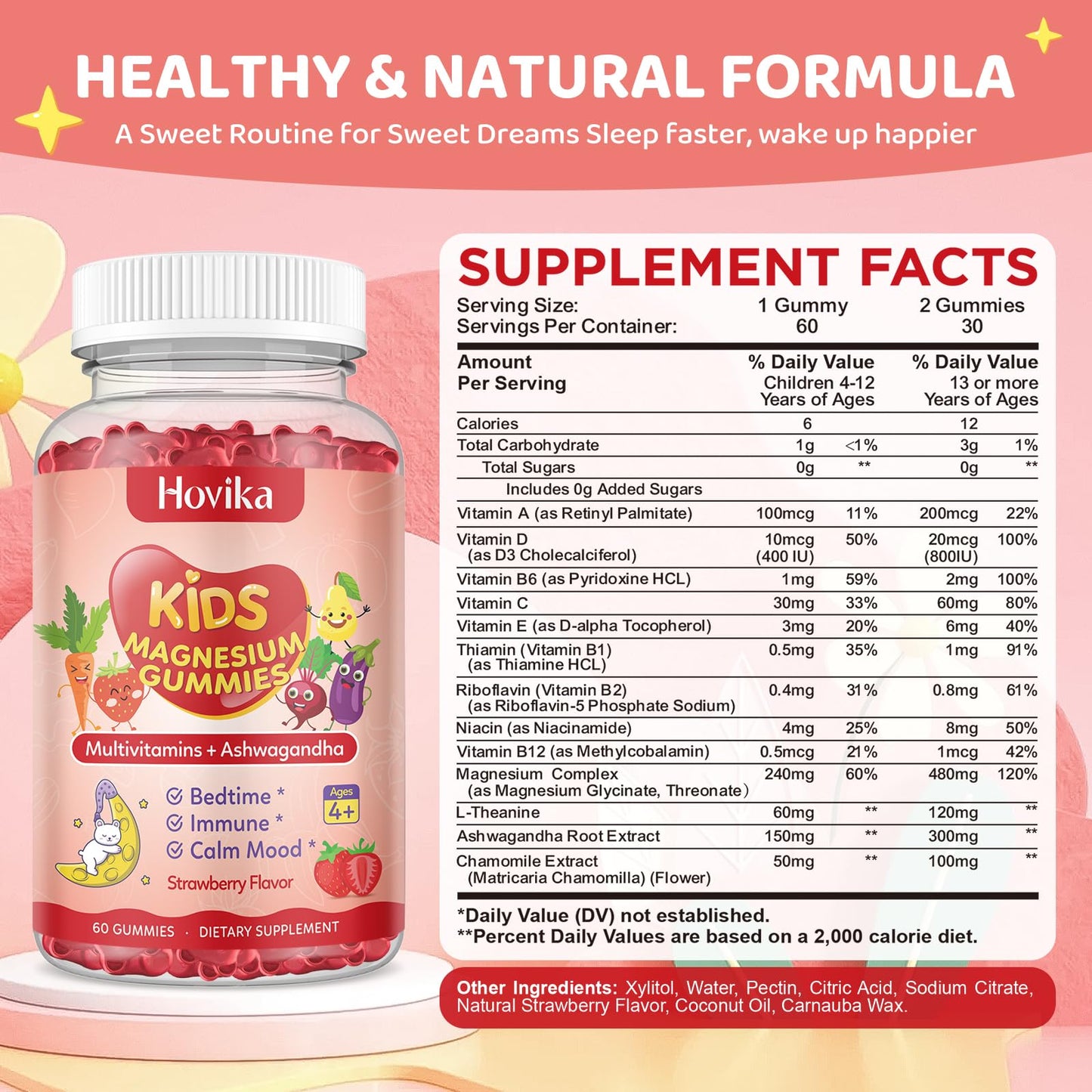 Hovika Magnesium Gummies for Kids & Adults with L-Theanine, Chamomile & Multivitamins, Sugar-Free Strawberry Flavor, 120 Gummies