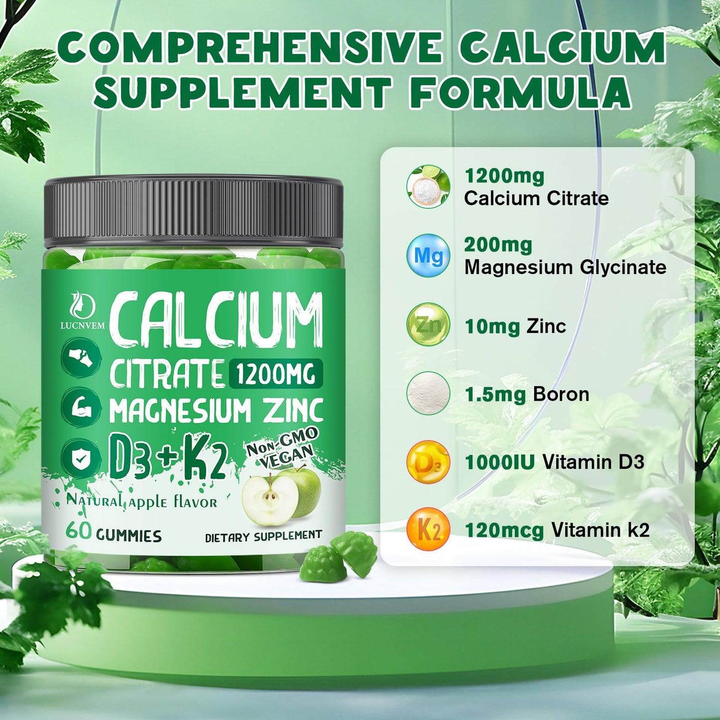 LUCNVEM Calcium Citrate 1200 mg with Vitamin D3 Gummies, 120 Count