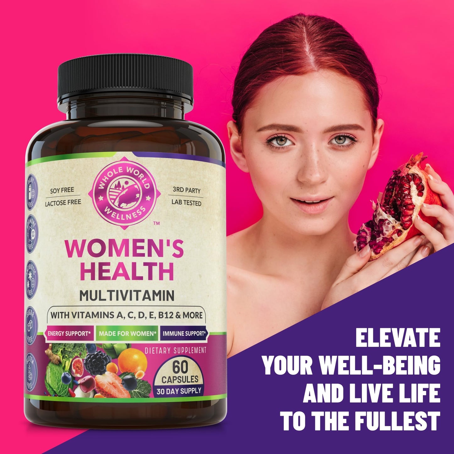 WHOLE WORLD WELLNESS Womens Daily Multivitamin Multimineral Capsule for Energy, Mood, Focus, Hair, Skin & Nails, 60 Count