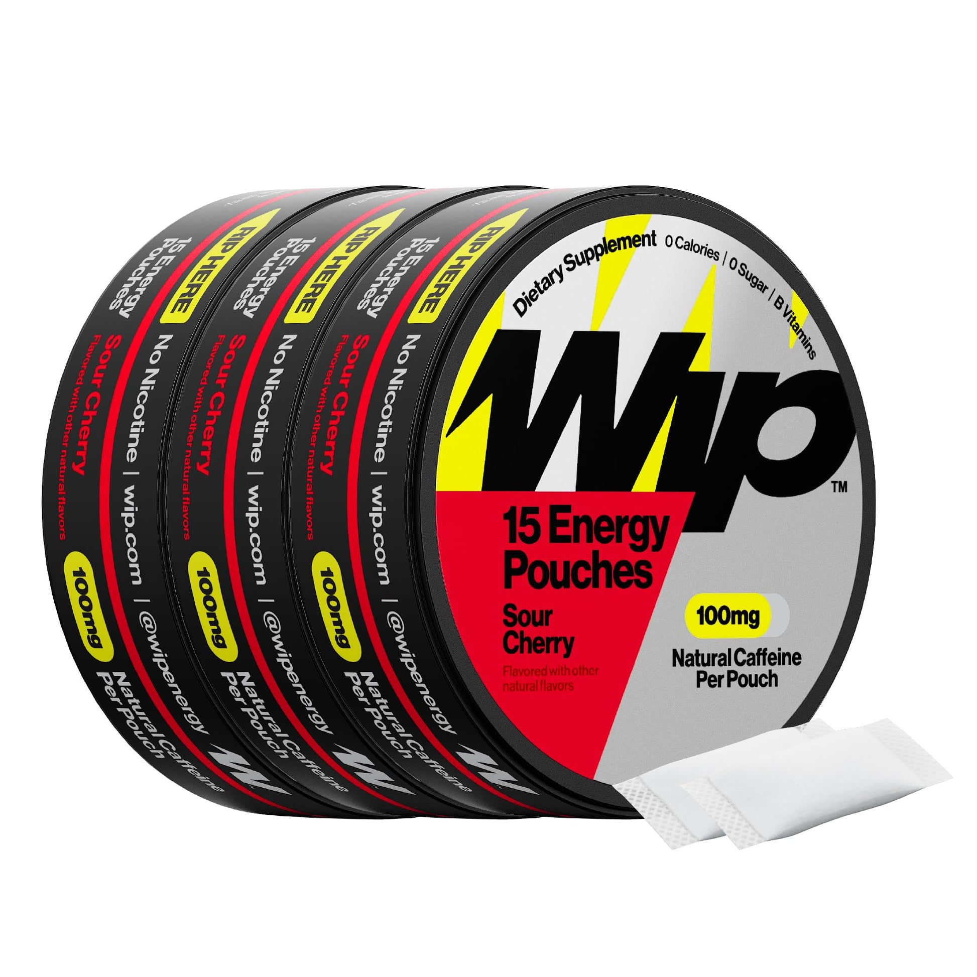 Wip Energy Pouches Capsule, 45 Count, Sour Cherry, Sugar Free, 100mg Natural Caffeine, B Vitamins, Minerals, L-Theanine, Energy Support