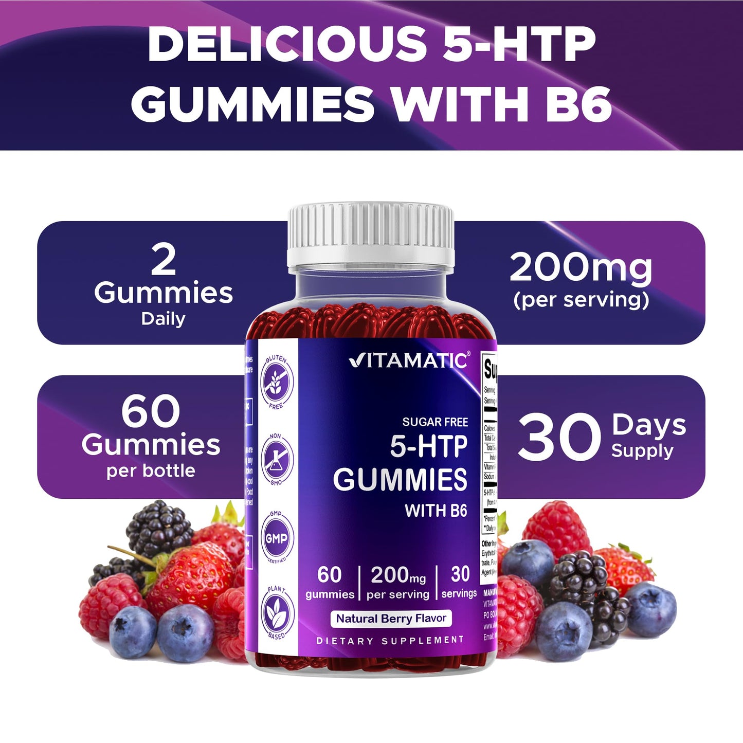 Vitamatic Sugar Free 5-HTP 200mg with B6 Gummies, 60 Count