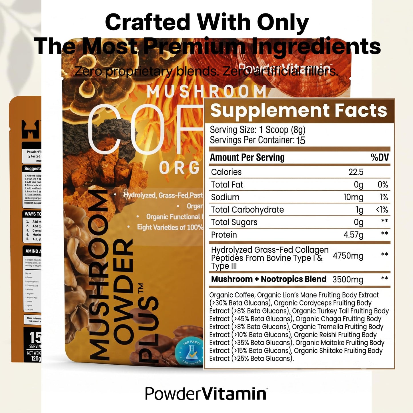 PowderVitamin Organic Mushroom Coffee Powder with Grass-Fed Collagen Types I & III, 8 Fruiting Body Mushrooms, Mold & Mycotoxin Free, Beta-Glucans Tested, Focus, Energy, Digestion & Immunity, 15 Servings, 4.5 oz