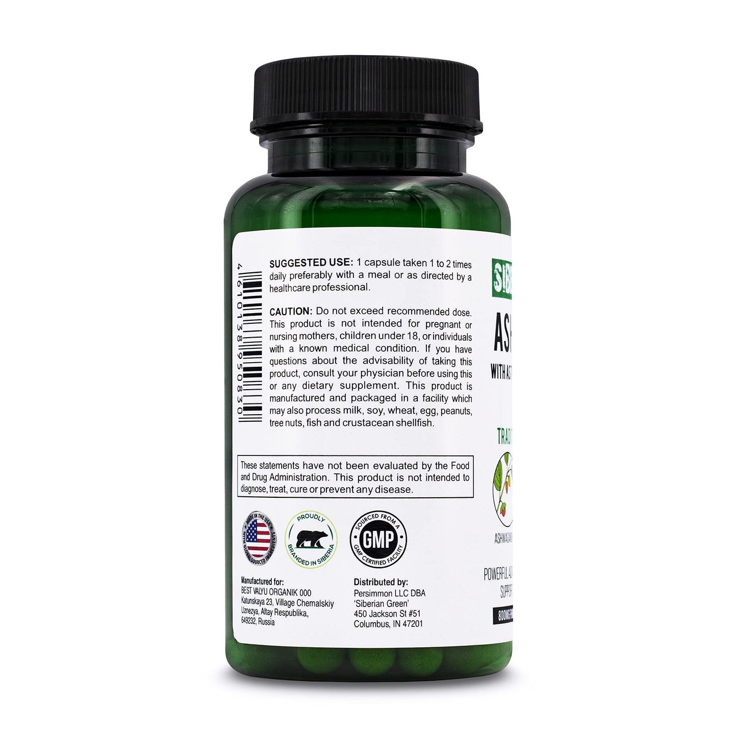 Siberian Green Organic Ashwagandha Root with Astragalus & Siberian Eleuthero Ginseng Complex Capsules, 60 Count