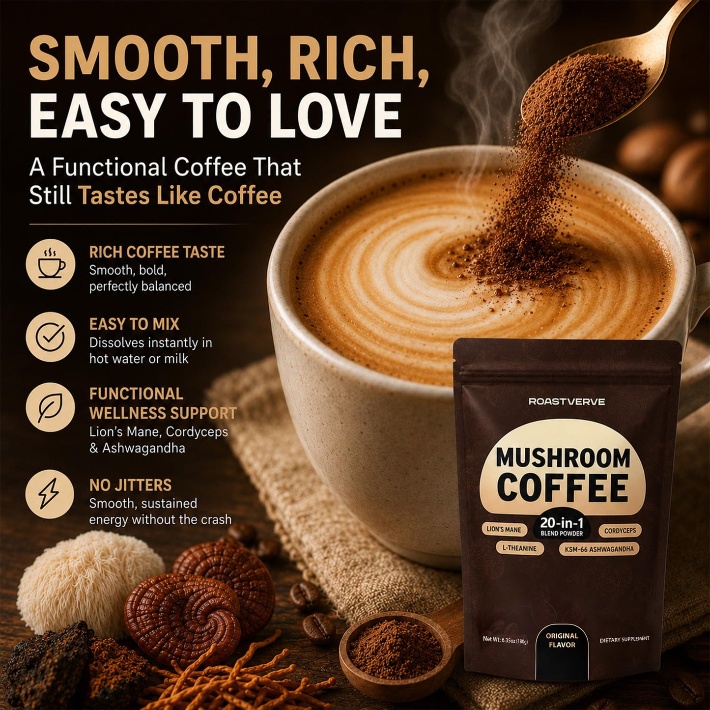 RoastVerve Mushroom Coffee 20-in-1 Blend Powder Instant Functional Coffee with Lion's Mane, Cordyceps, Reishi, Chaga, Turkey Tail, L-Theanine, Supports Focus, Smooth Energy & Immune Wellness, Original Flavor 6.35