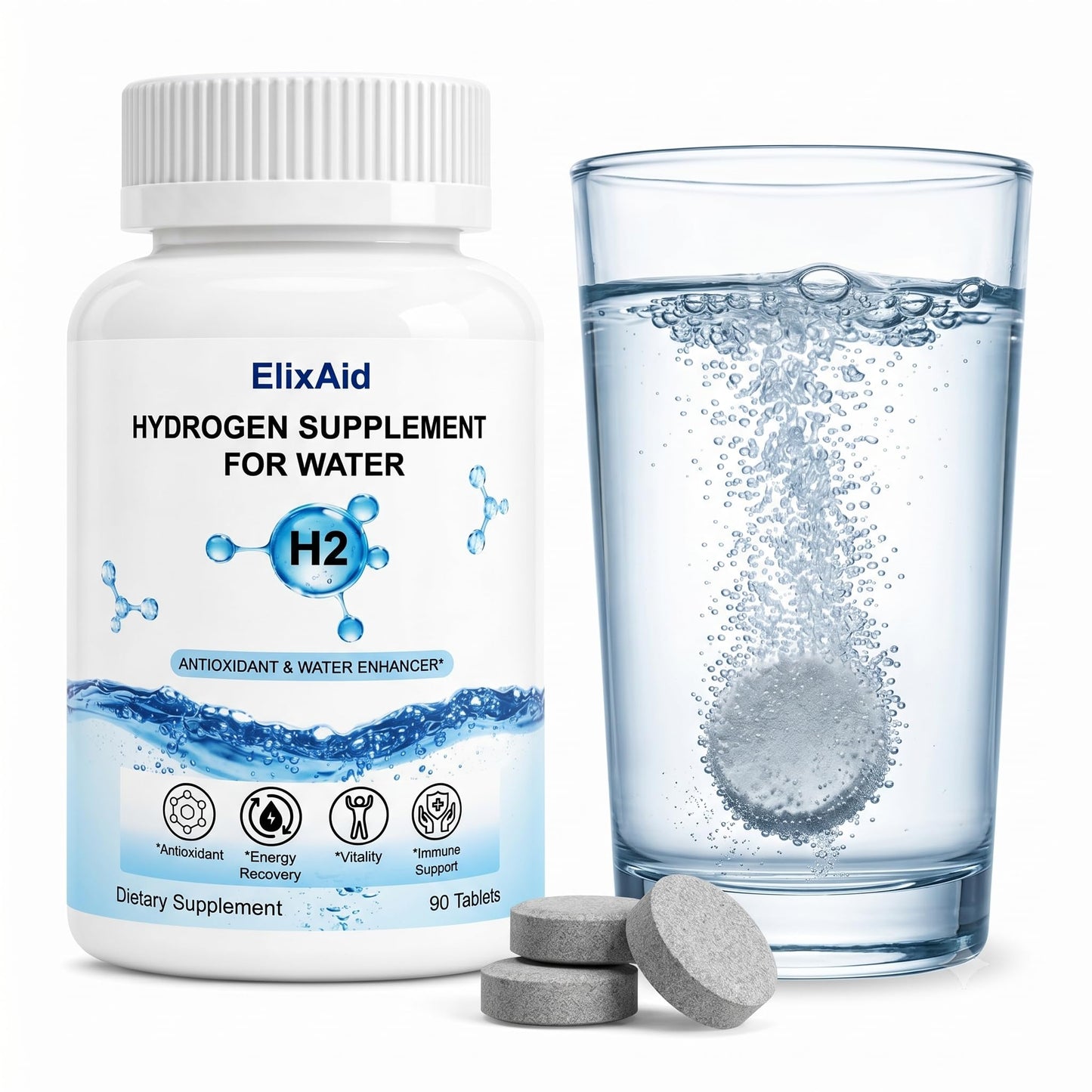 ElixAid Hydrogen Tablets for Water – Effervescent Molecular Hydrogen Supplement Tablet, 90 Count