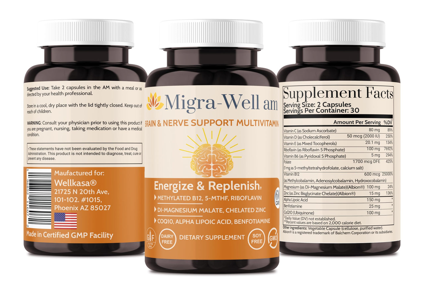 Wellkasa Migra-Well AM: Energizing Daily Methylated Multivitamin with Bioavailable Minerals & Antioxidants Supporting Brain & Nerve Health for Women and Men - Without Iron, 60 Capsules