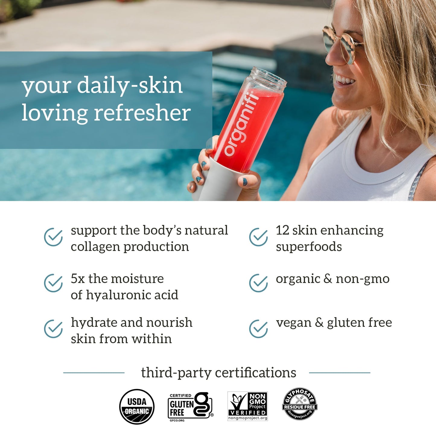 Organifi Glow Vegan Collagen Powder for Women - Organic Flavored Water Ingredient, 7.2 Ounce