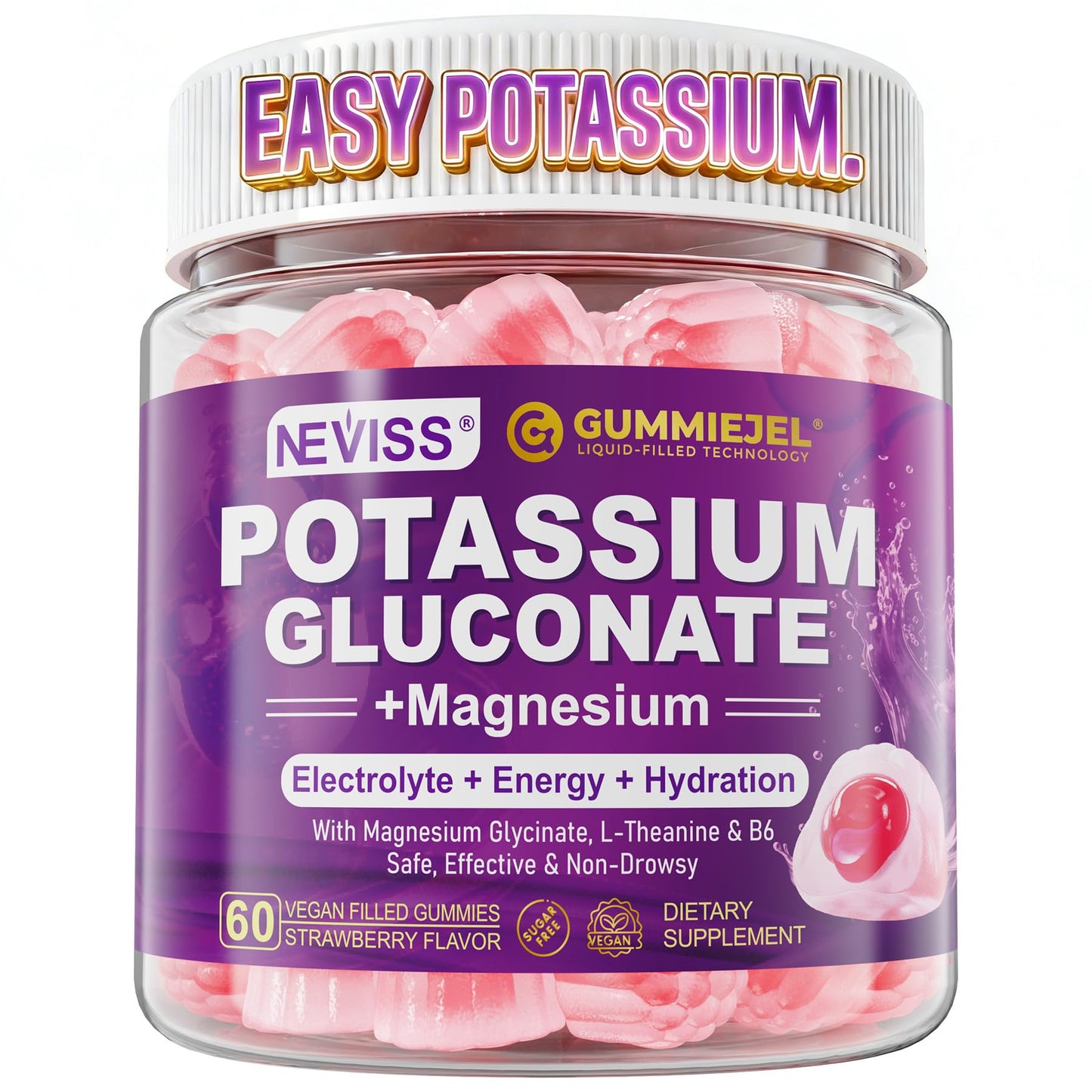 NEVISS Potassium Gluconate Gummies 1300mg, 60 Count