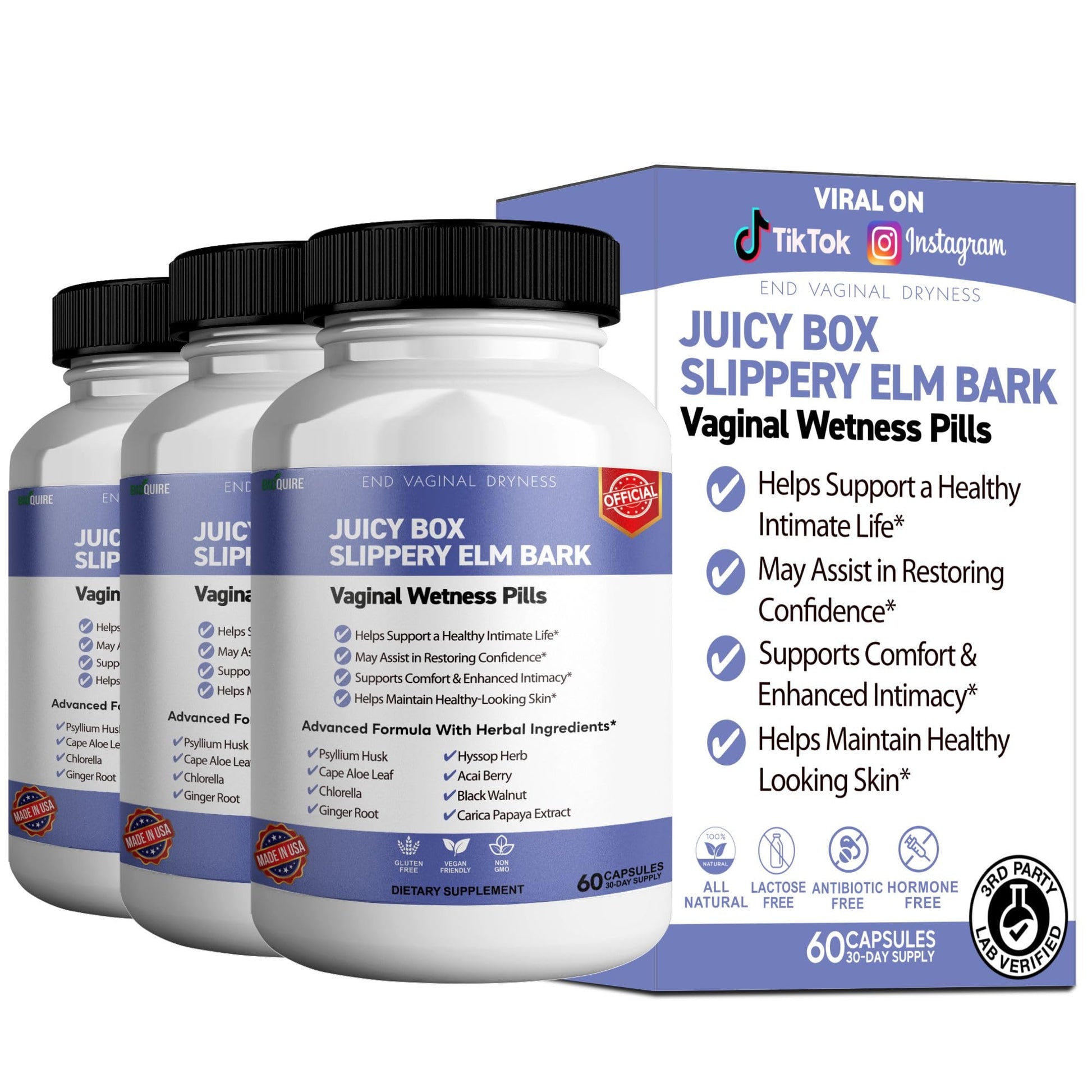 BIOQUIRE Slippery Elm Bark Vaginal Wellness Supplement Capsule 60 Capsules