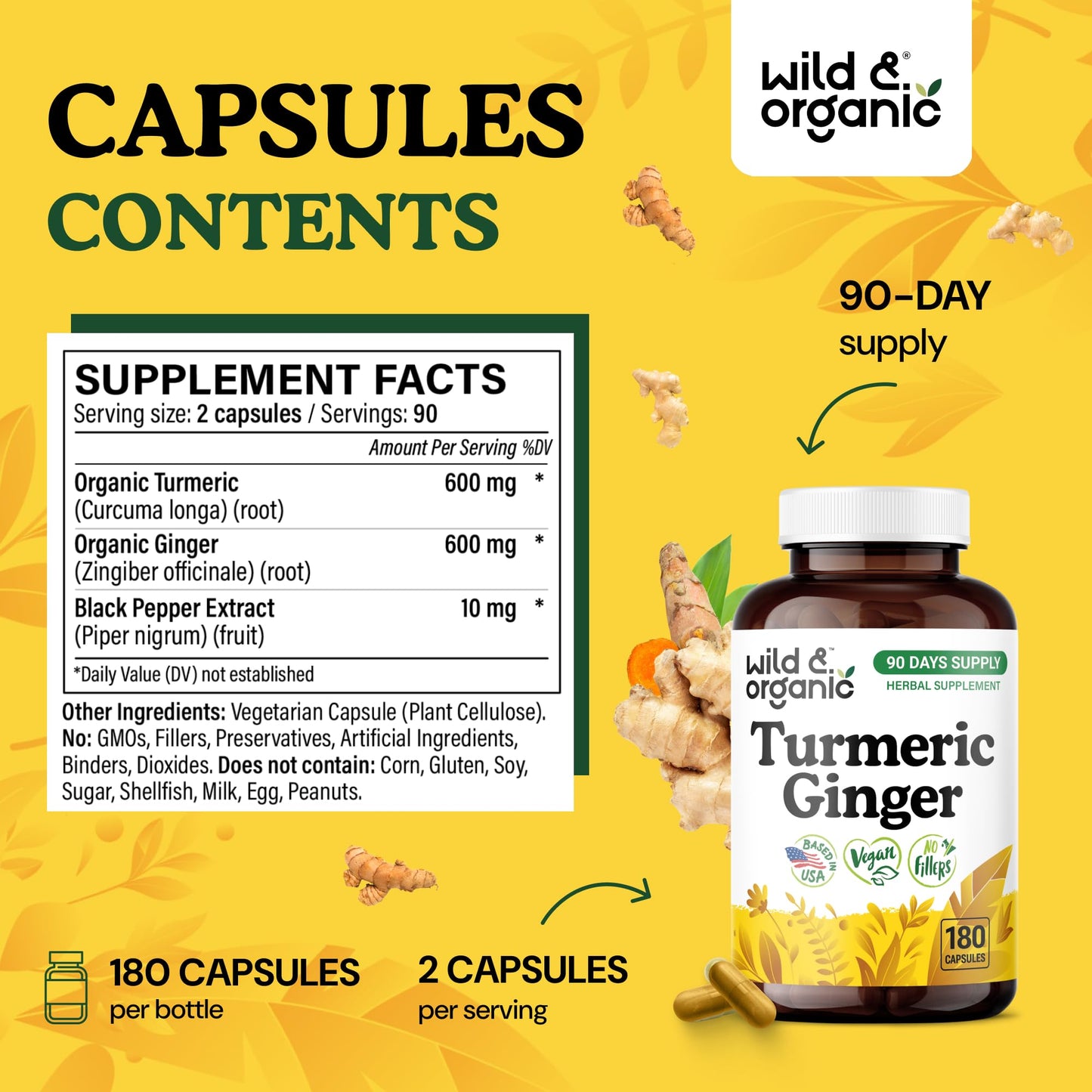 Wild & Organic Turmeric and Ginger Capsules - Mobility Support - 180 Count