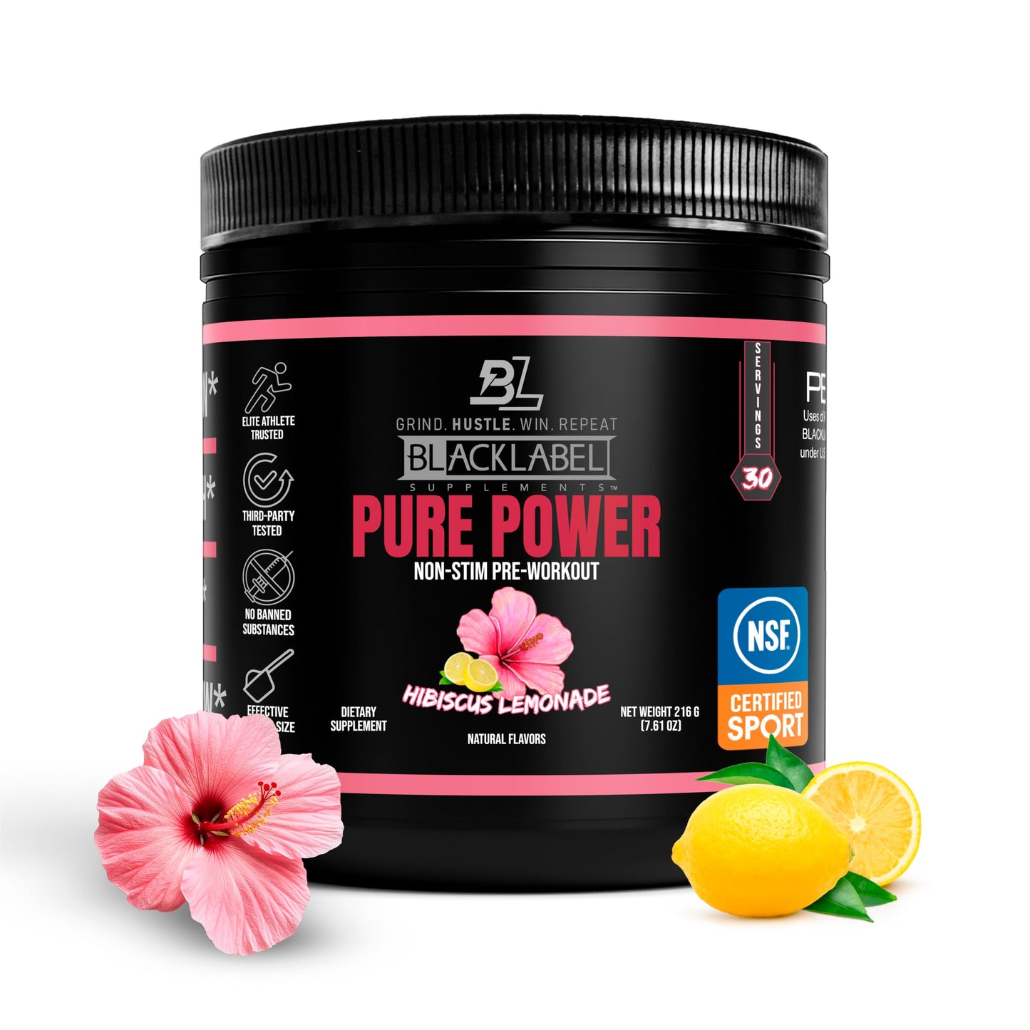 BLACKLABEL Supplements Pure Power NSF Certified for Sport Pre-Workout Hibiscus Lemonade Powder 7.65 Ounce