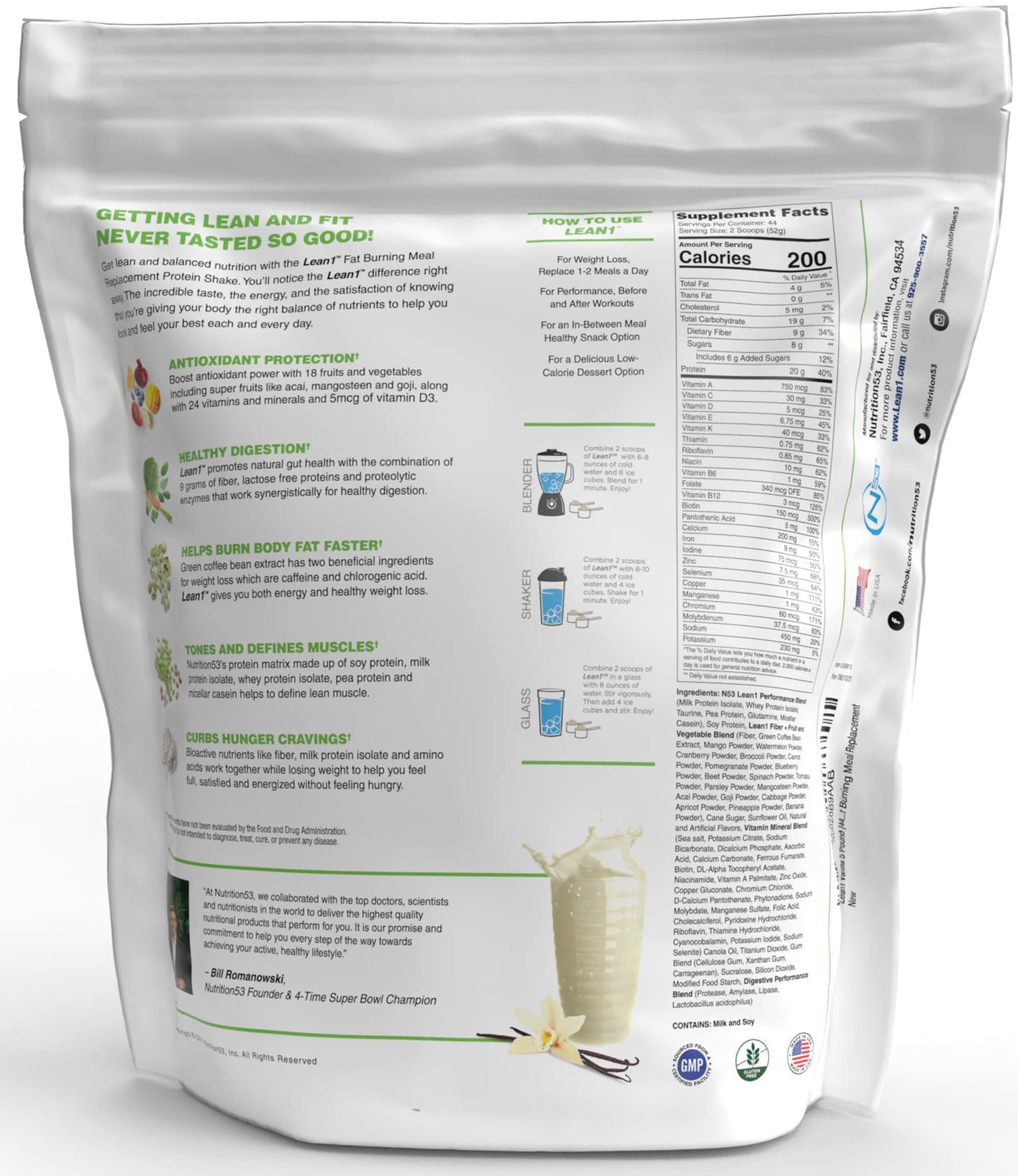 LEAN1 Vanilla Meal Replacement Protein Shake Powder, 80 oz